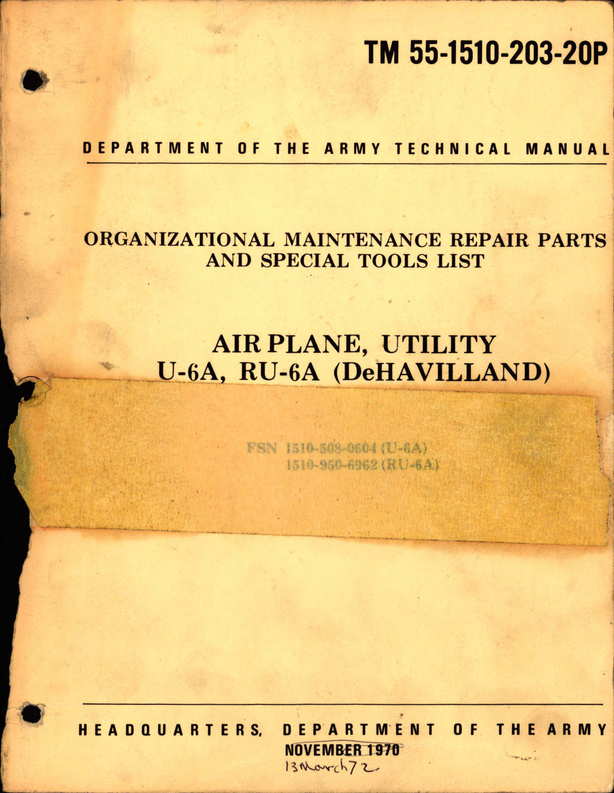 Sample page 1 from AirCorps Library document: Organizational Maintenance Repair Parts & Special Tools List for Utility U-6A, RU-6A