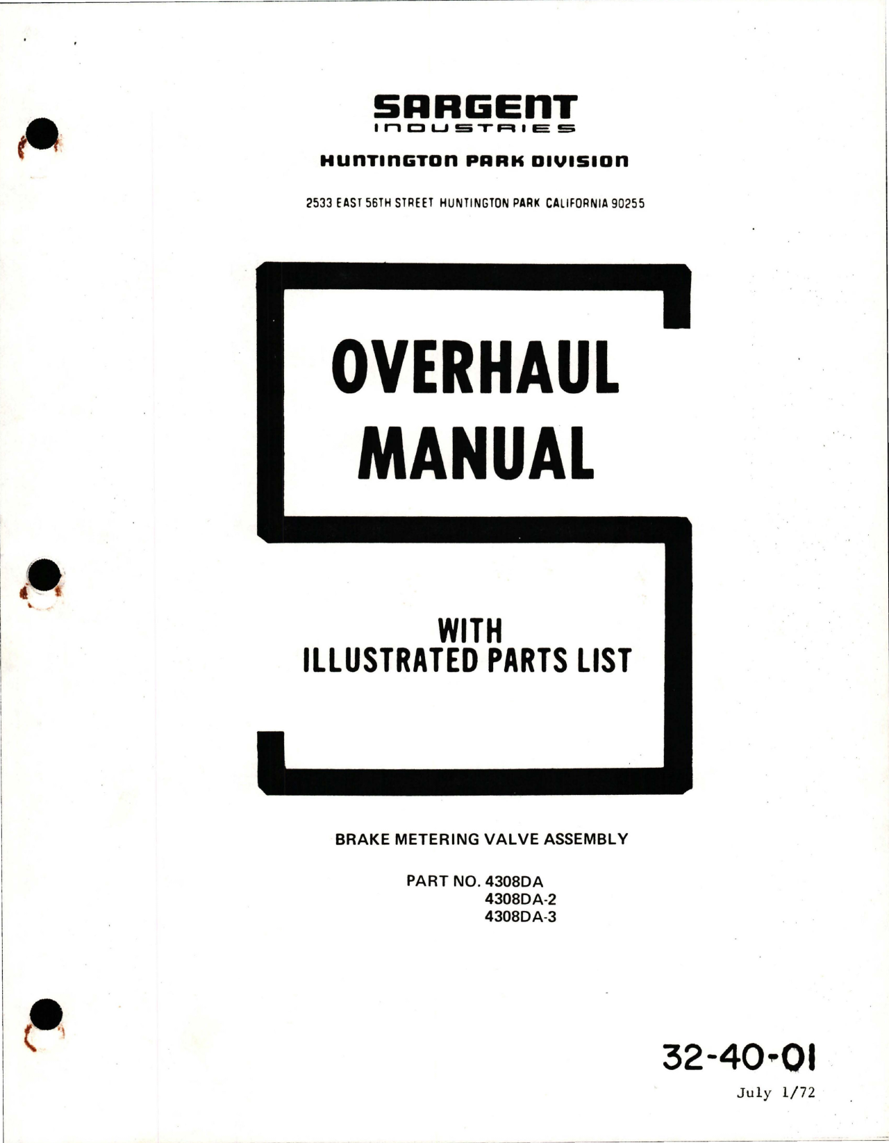 Sample page 1 from AirCorps Library document: Overhaul with Illustrated Parts List for Brake Metering Valve Assembly