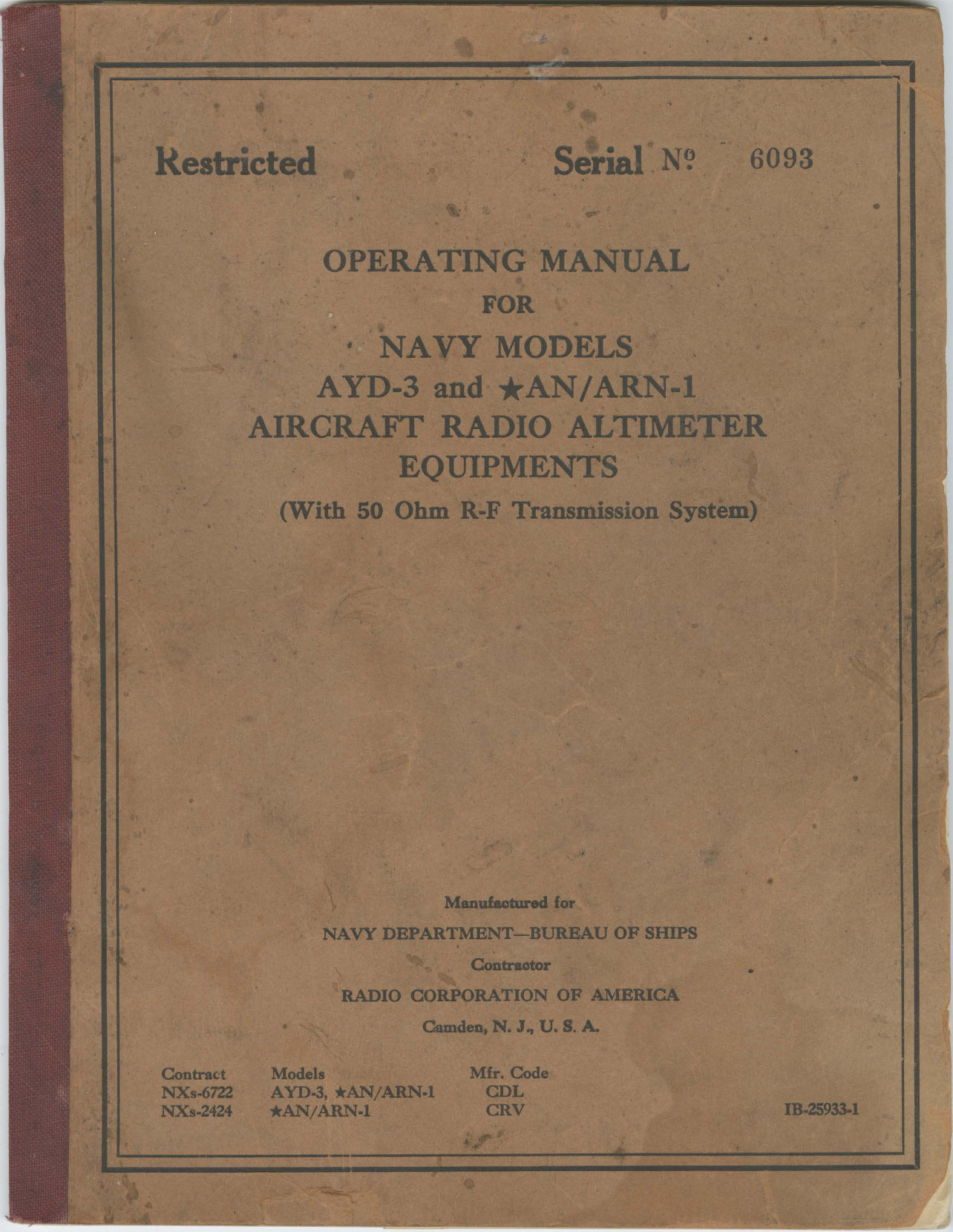 Sample page 1 from AirCorps Library document: Operating Manual for Navy Models AYD-3 & AN/ARN-1 Aircraft Radio Altimeter