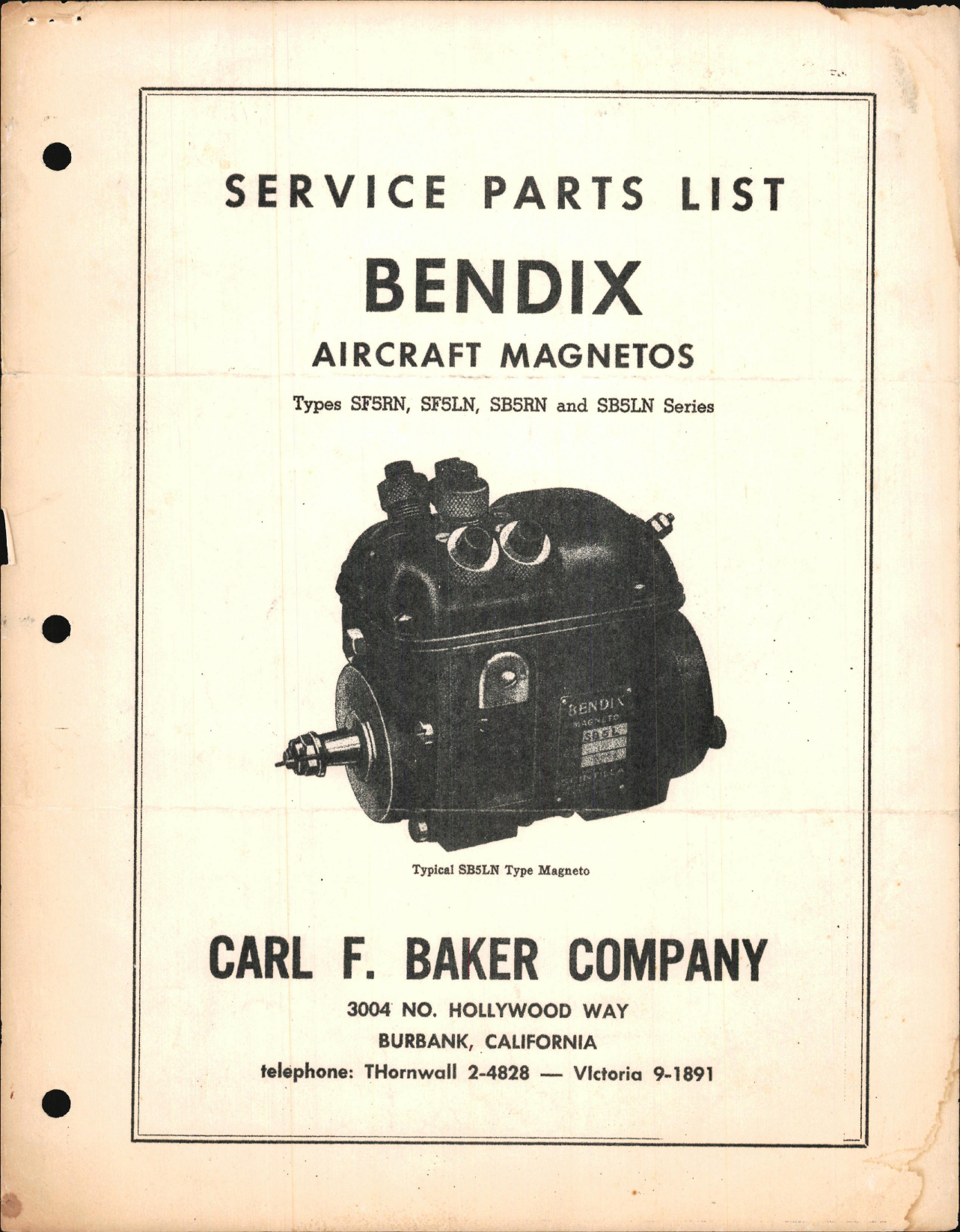 Sample page 1 from AirCorps Library document: Service Parts List for Bendix Magnetos SF5RN, SF5LN, SB5RN, and SB5LN