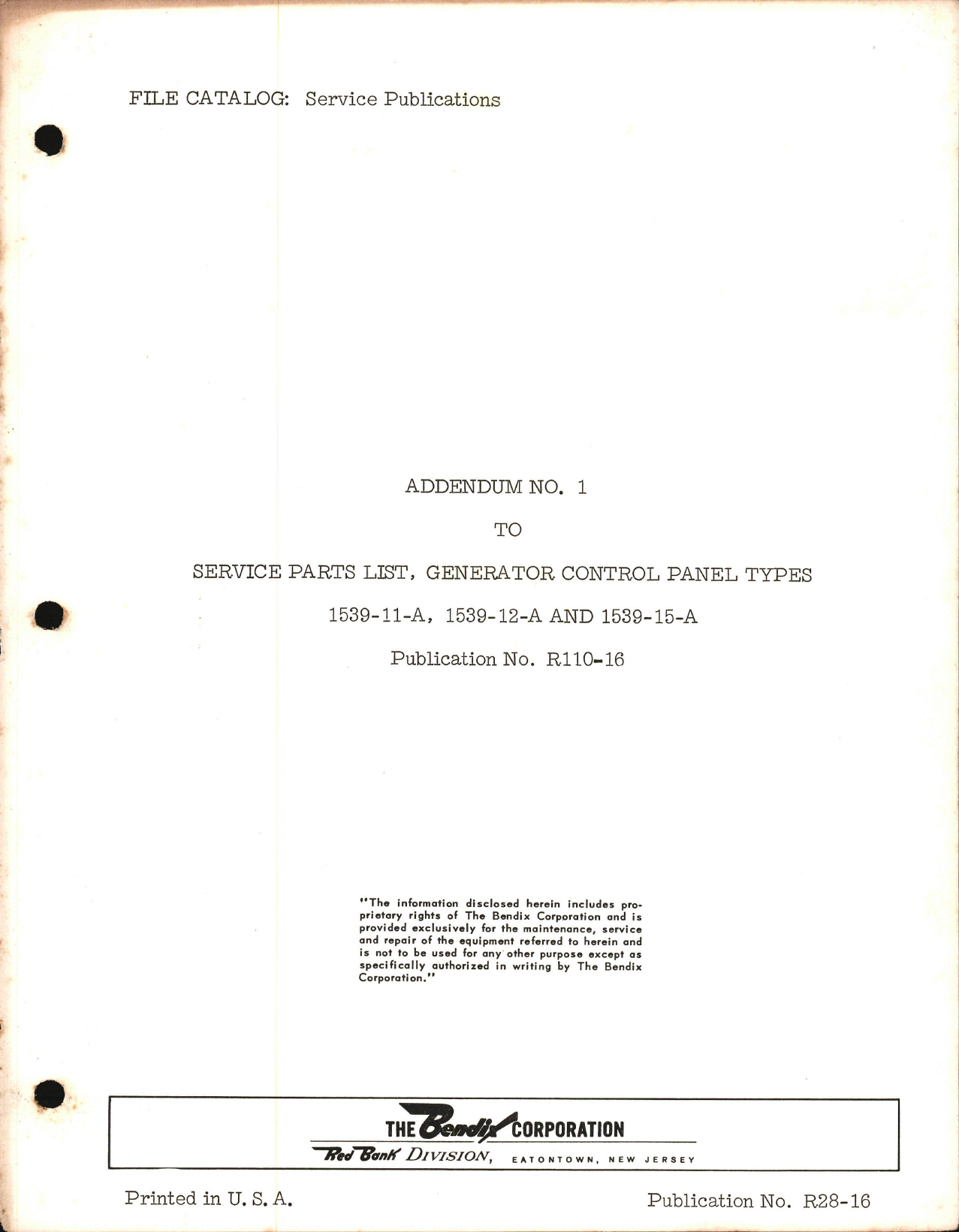 Sample page 1 from AirCorps Library document: Service Parts List Generator Control Panel Types 1539-11-A, 1539-12-A, and 1539-15-A, Addendum No. 1