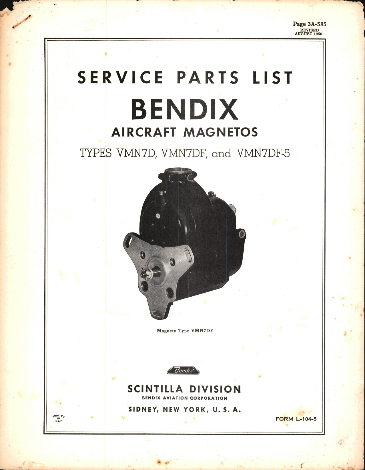 Sample page 1 from AirCorps Library document: Service Parts List for Bendix Magnetos Types VMN7D, VMN7DF, and VMN7DF-5