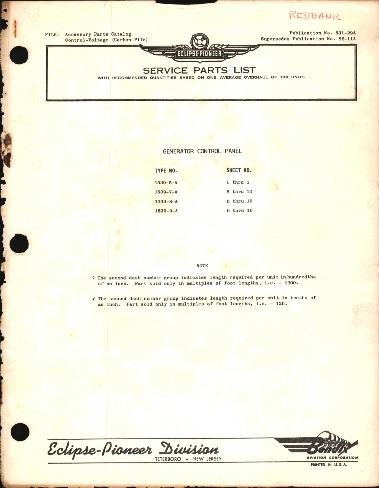 Sample page 1 from AirCorps Library document: Service Parts List for Generator Control Panel Type 1539-5, -7, -8, and -9