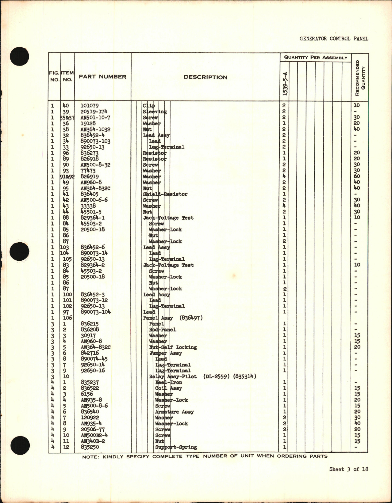 Sample page 5 from AirCorps Library document: Service Parts List for Generator Control Panel Type 1539-5, -7, -8, and -9