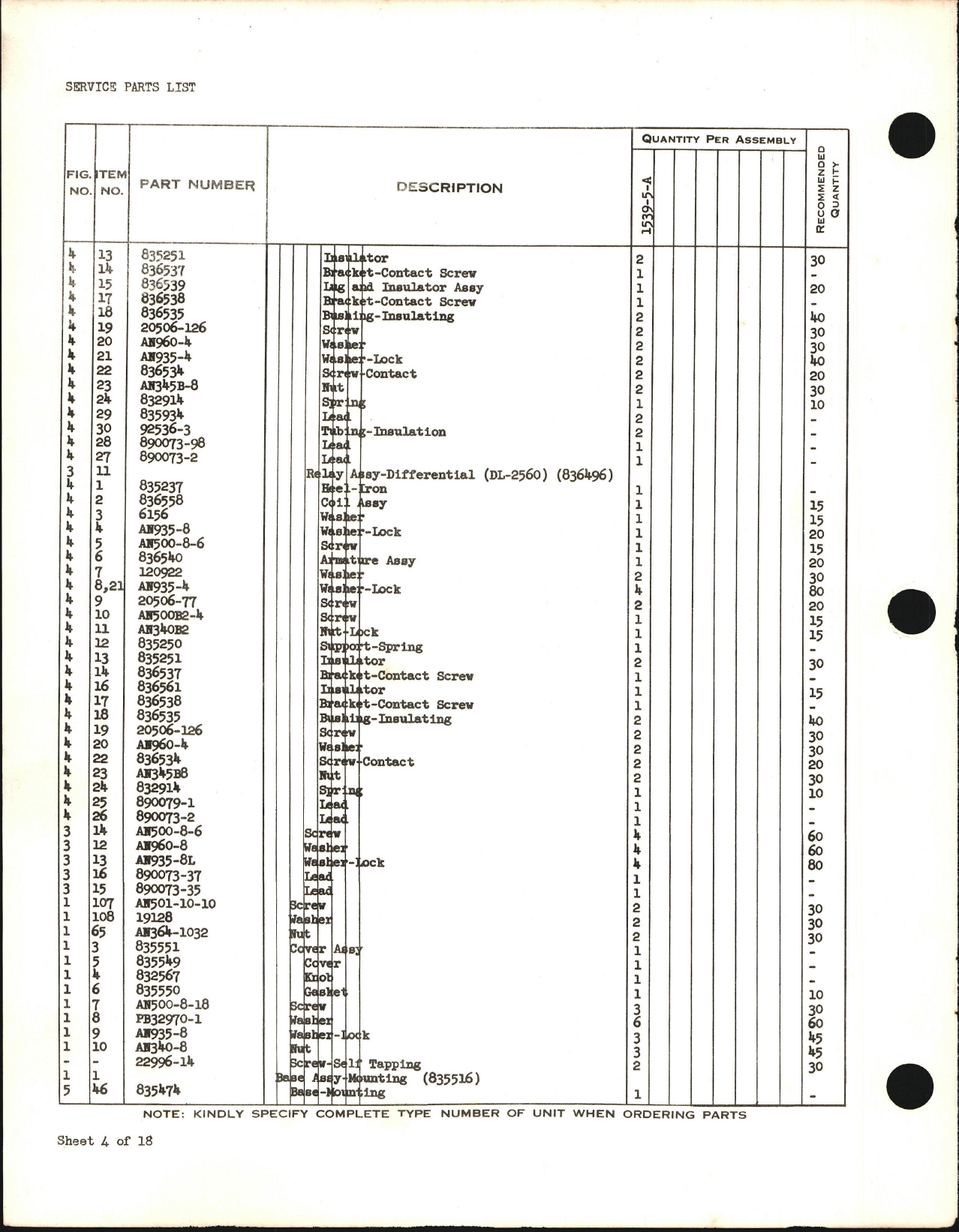 Sample page 6 from AirCorps Library document: Service Parts List for Generator Control Panel Type 1539-5, -7, -8, and -9