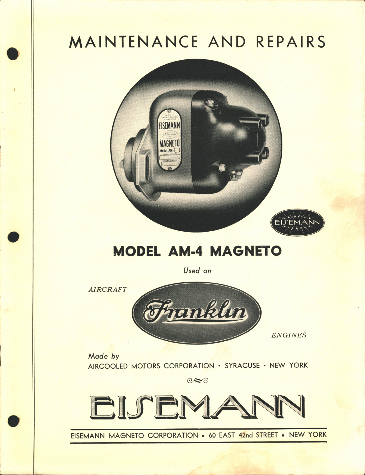 Sample page 1 from AirCorps Library document: Maintenance & Repairs of Model AM-4 Magneto