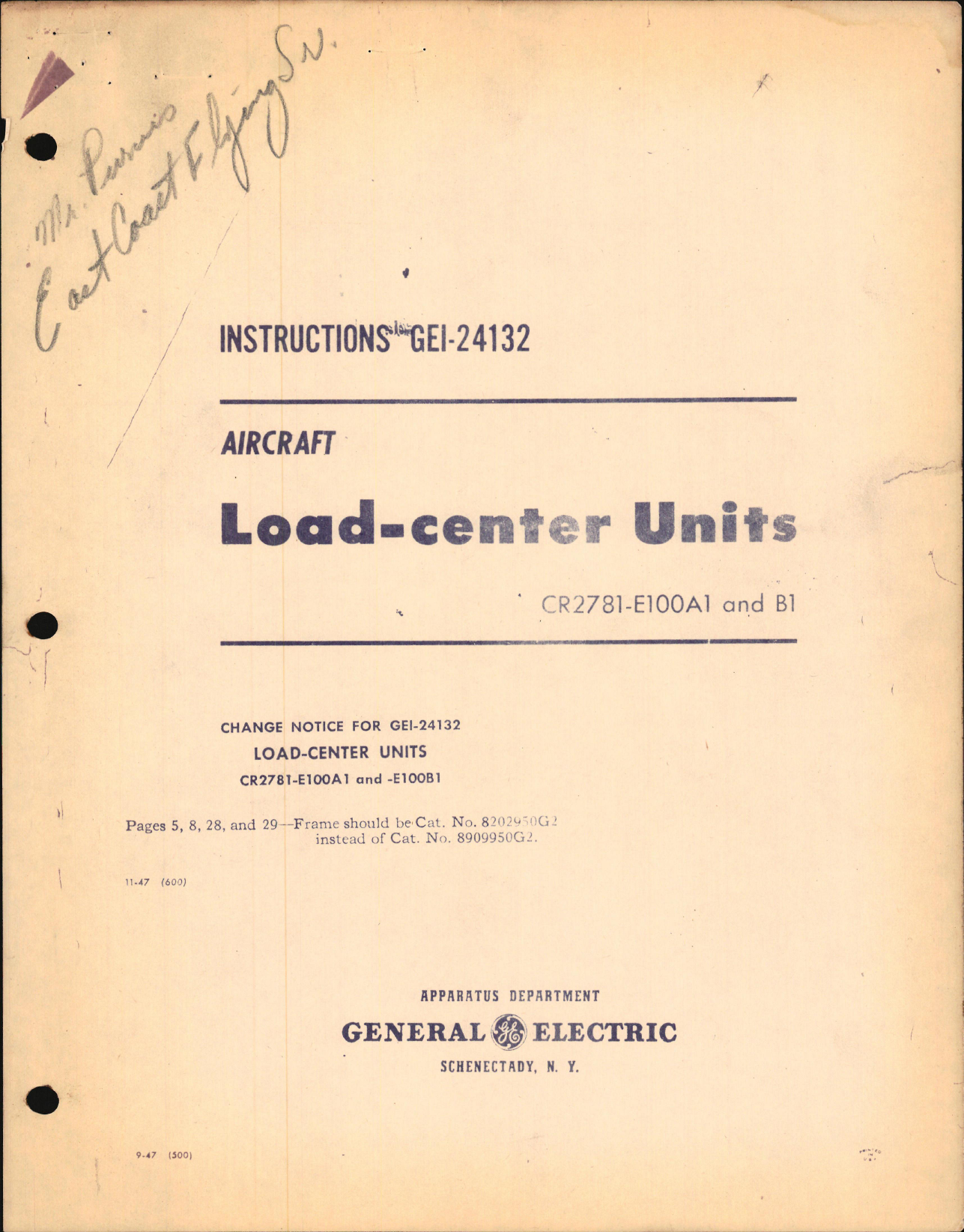Sample page 1 from AirCorps Library document: Instructions for GEI-24132 Load-Center Units CR2781-E100A1 and B1