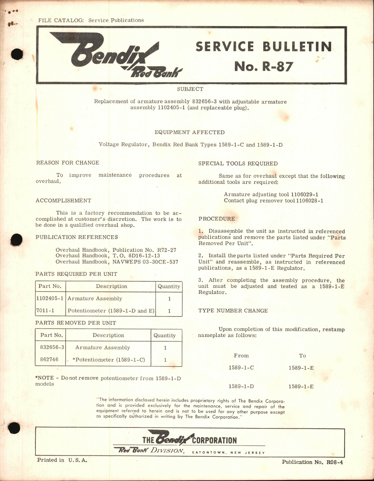 Sample page 1 from AirCorps Library document: Replacement of Armature Assembly 832656-3 with Adjustable Armature Assembly 1102405-1