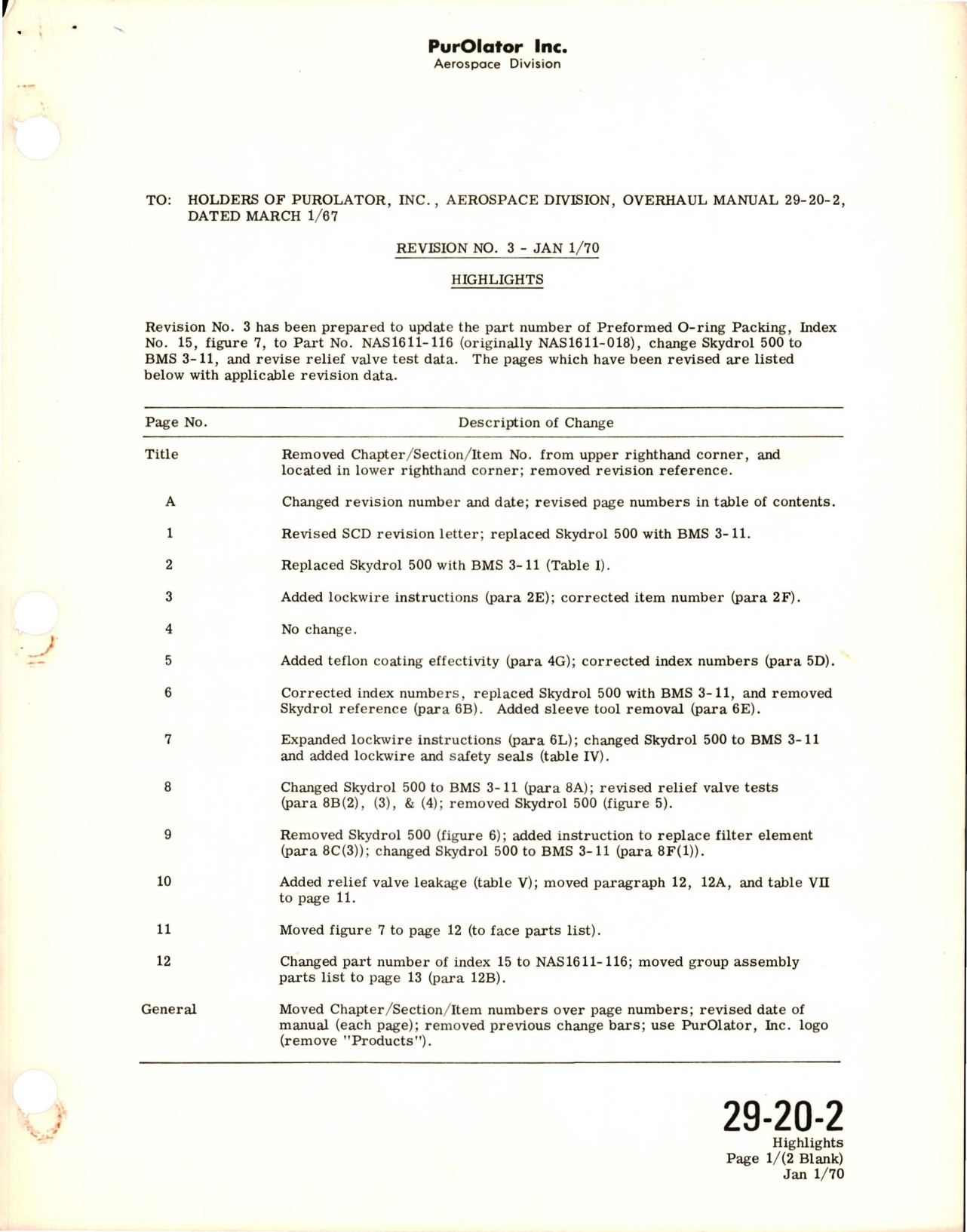 Sample page 1 from AirCorps Library document: Revision to Overhaul Manual for Return Filter Assembly - System B - Part 7505639 