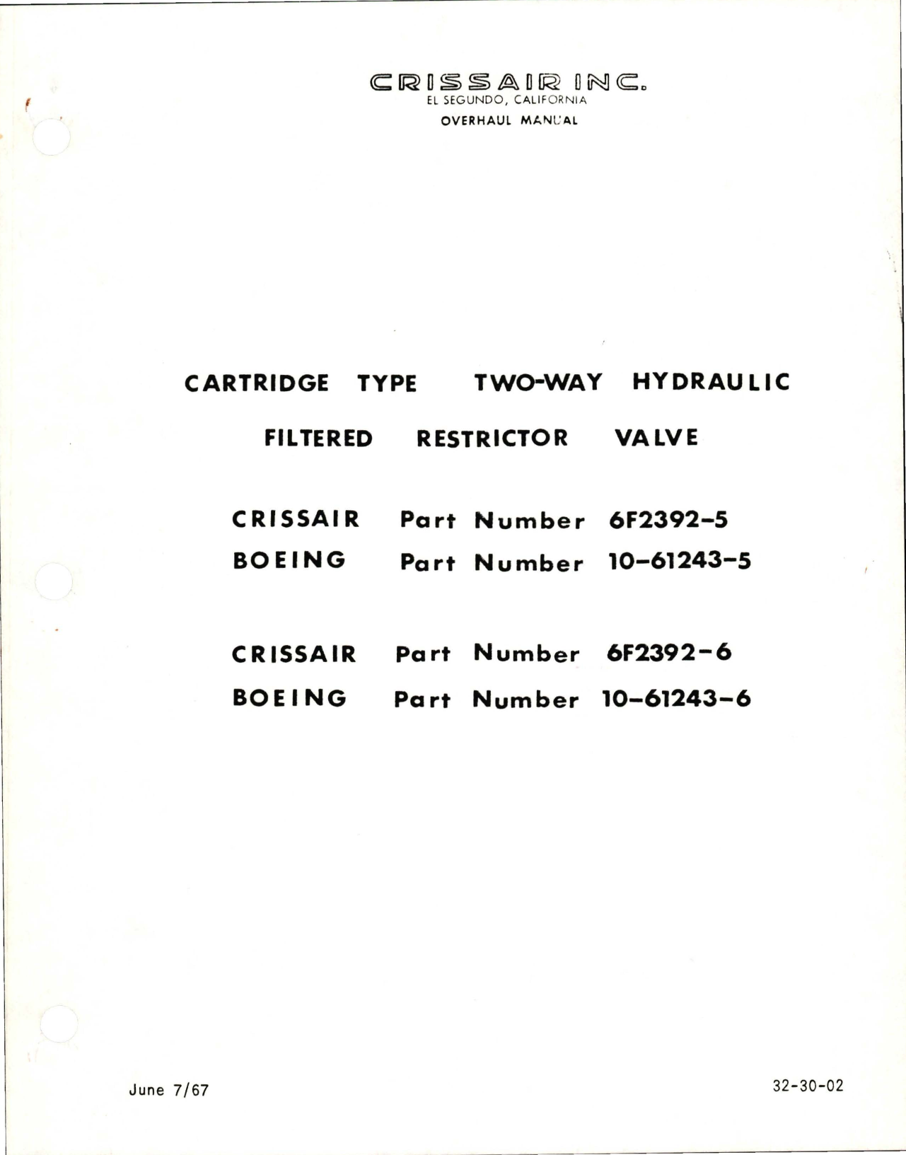 Sample page 1 from AirCorps Library document: Overhaul Manual for Cartridge Type Two-Way Hydraulic Filtered Restrictor Valve