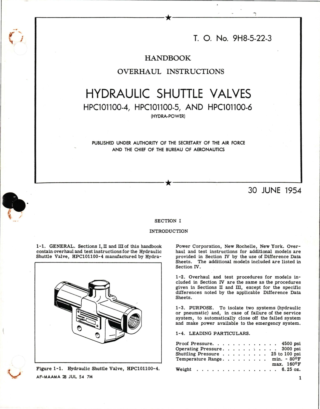 Sample page 1 from AirCorps Library document: Overhaul Instructions for Hydraulic Shuttle Valves - HPC101100-4, HPC101100-5, and HPC101100-6