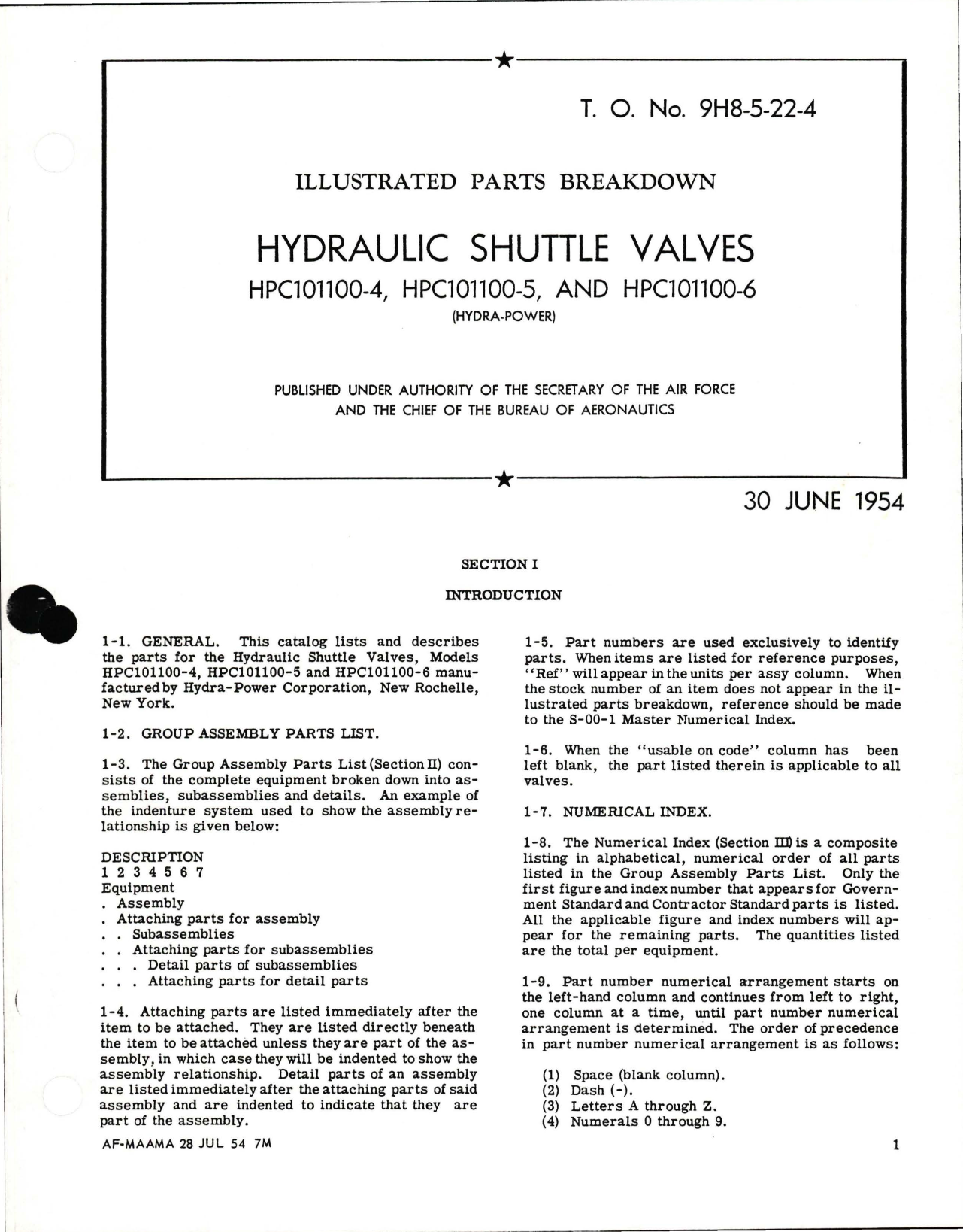 Sample page 1 from AirCorps Library document: Illustrated Parts Breakdown for Hydraulic Shuttle Valves - HPC101100-4, HPC101100-5, and HPC101100-6