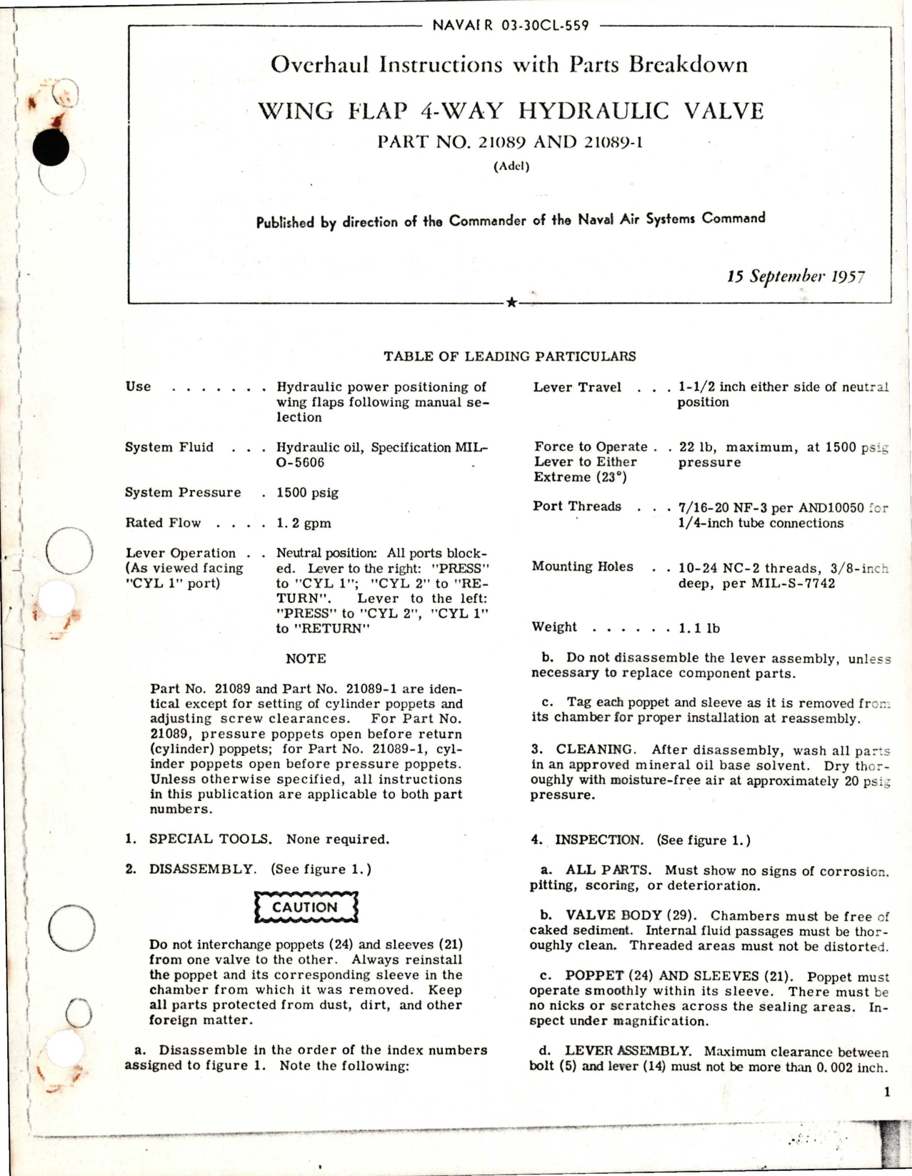 Sample page 1 from AirCorps Library document: Overhaul Instructions with Parts Breakdown for Wing Flap 4-Way Hydraulic Valve - Part 21089 and 21089-1