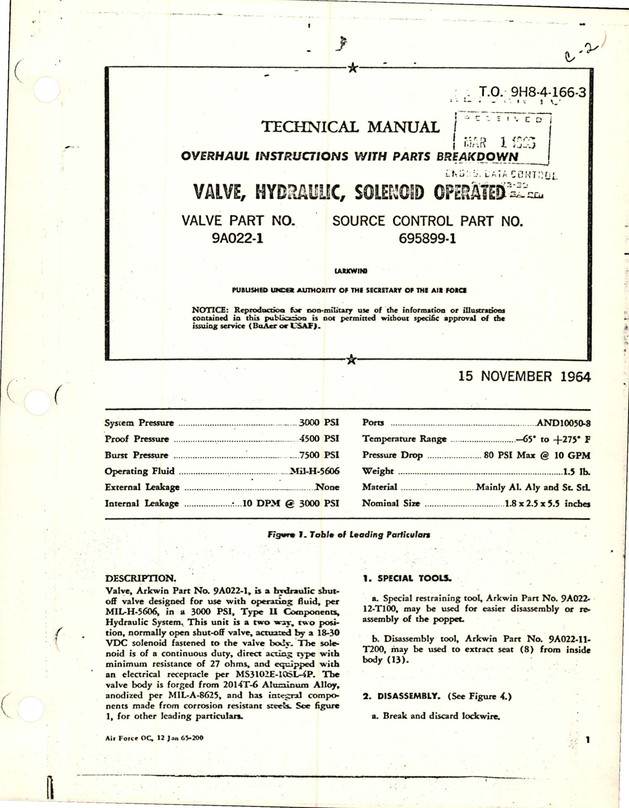 Sample page 1 from AirCorps Library document: Overhaul Instructions with Parts Breakdown for Solenoid Operated Hydraulic Valve - Part 9A022-1 - Source Control 695899-1