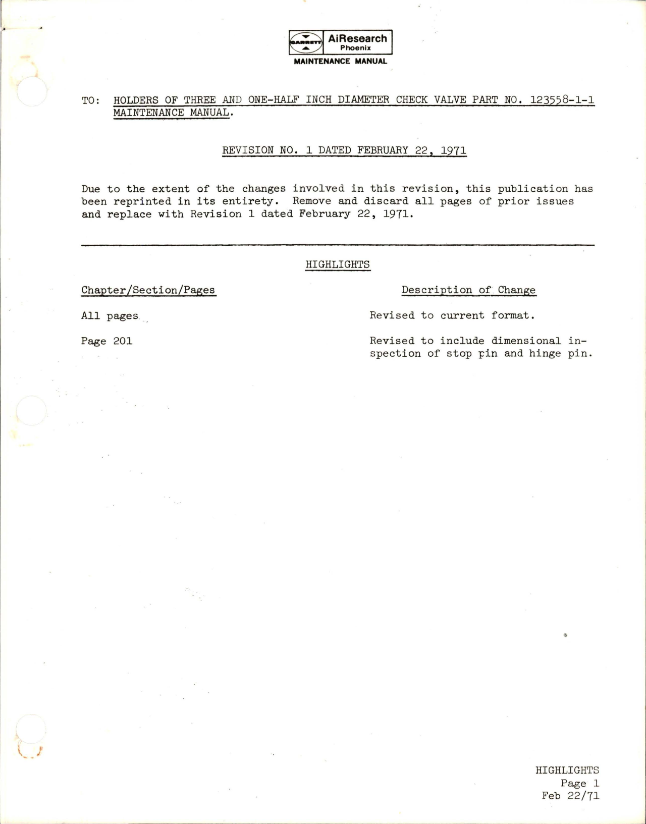 Sample page 1 from AirCorps Library document: Revision to Maintenance Manual for Three and One-Half Inch Diameter Check Valve - Part 123558-1-1