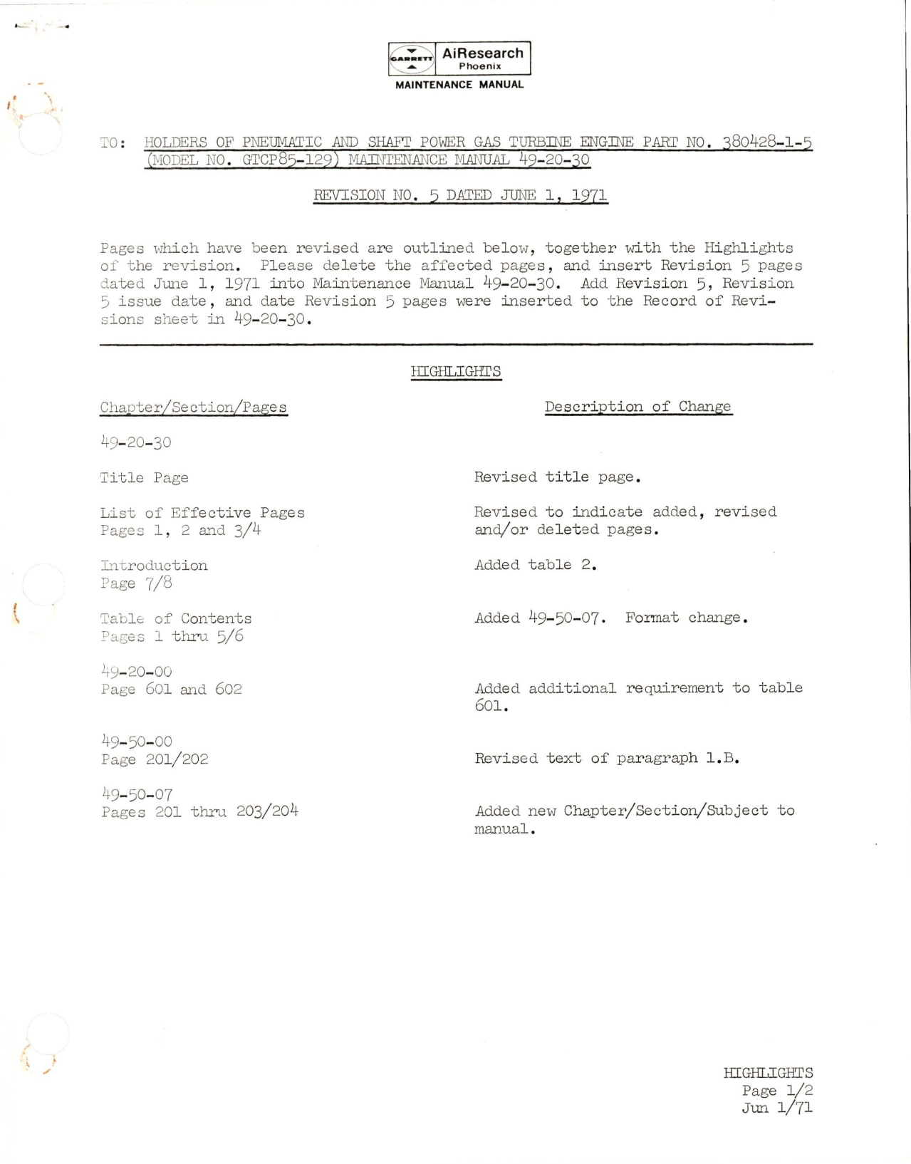 Sample page 1 from AirCorps Library document: Revision to Maintenance Manual for Pneumatic and Shaft Power Gas Turbine Engine - Part 380428-1-5 - Model GTCP85-129