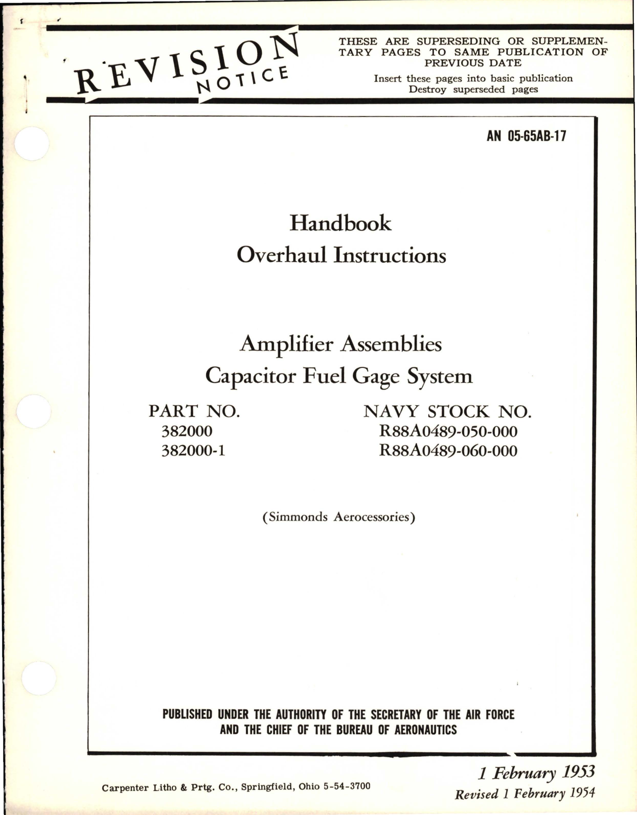 Sample page 1 from AirCorps Library document: Revision to Overhaul Instructions for Capacitor Fuel Gage System Amplifier Assemblies - Parts 382000 and 382000-1