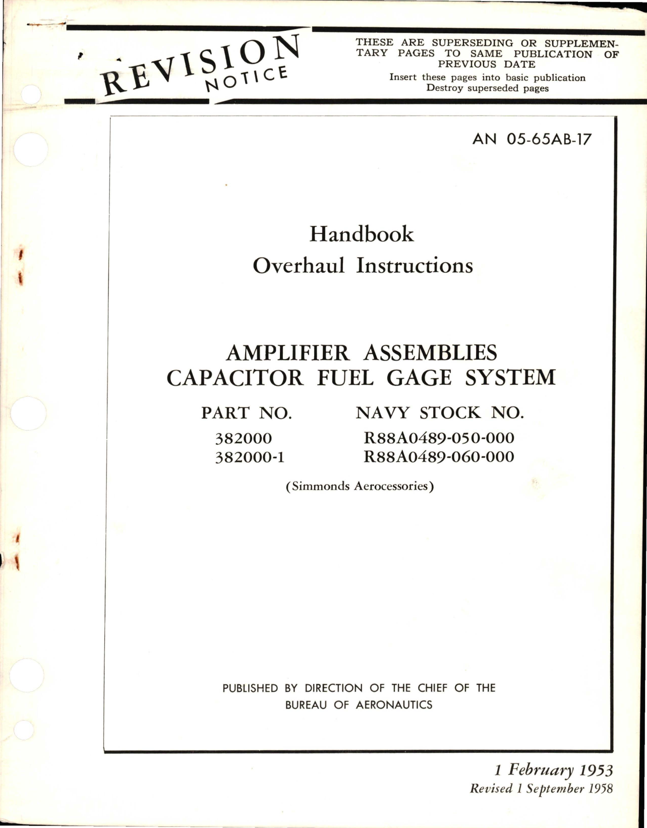 Sample page 1 from AirCorps Library document: Revision to Overhaul Instructions for Capacitor Fuel Gage System Amplifier Assemblies - Parts 382000 and 382000-1