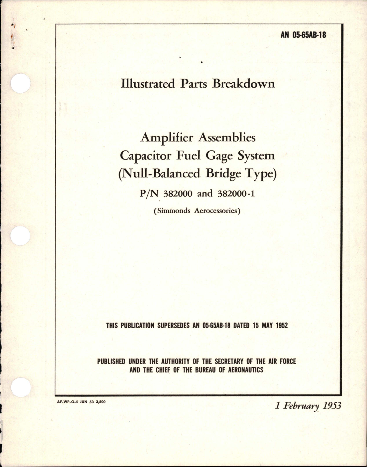 Sample page 1 from AirCorps Library document: Illustrated Parts Breakdown for Capacitor Fuel Gage System Amplifier Assemblies - Parts 382000 and 382000-1