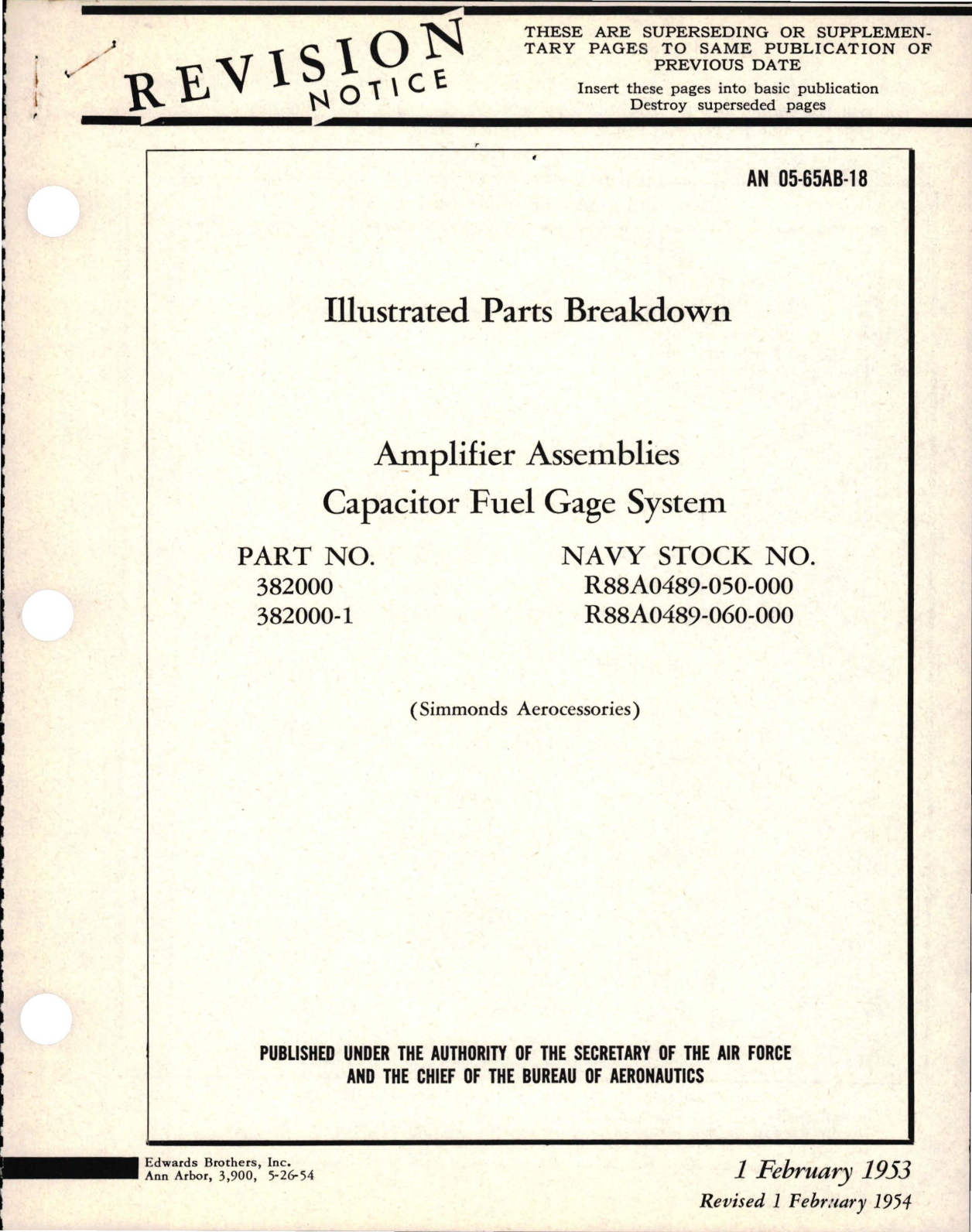 Sample page 1 from AirCorps Library document: Revision to Illustrated Parts Breakdown for Capacitor Fuel Gage System Amplifier Assemblies - Parts 382000 and 382000-1