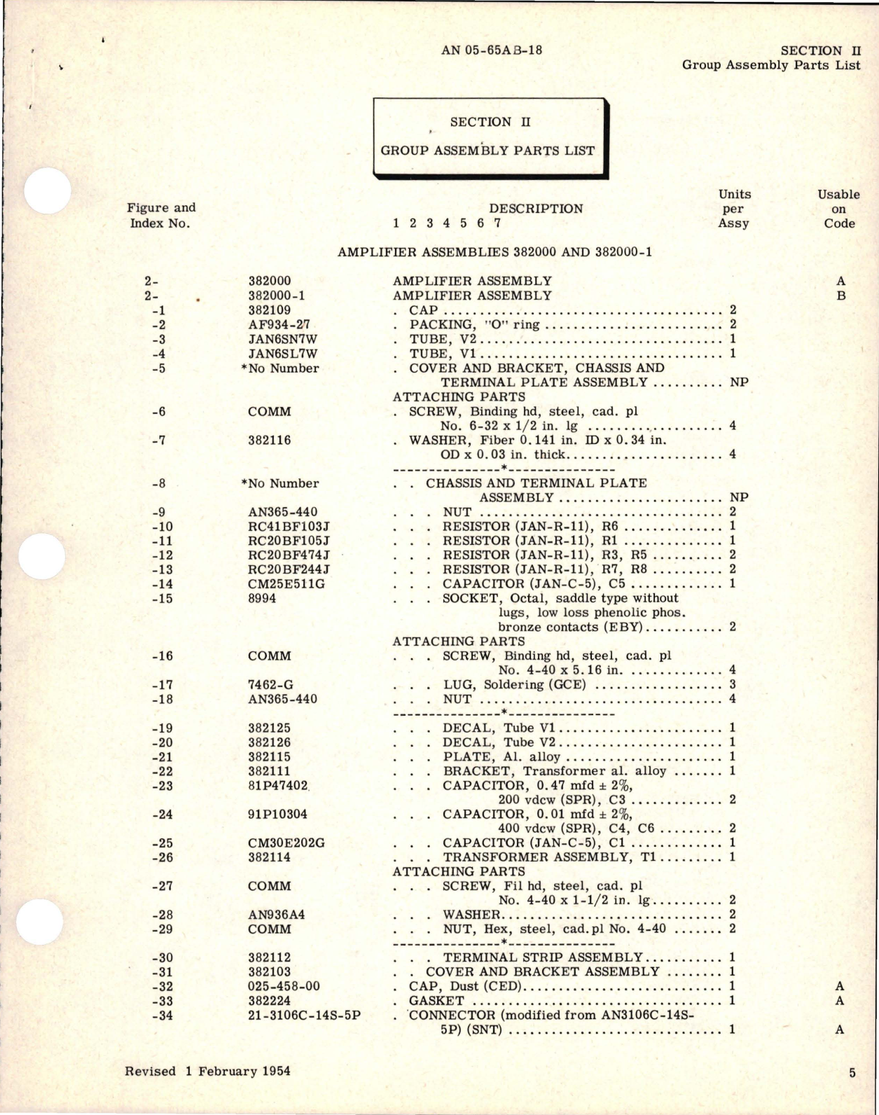 Sample page 5 from AirCorps Library document: Revision to Illustrated Parts Breakdown for Capacitor Fuel Gage System Amplifier Assemblies - Parts 382000 and 382000-1