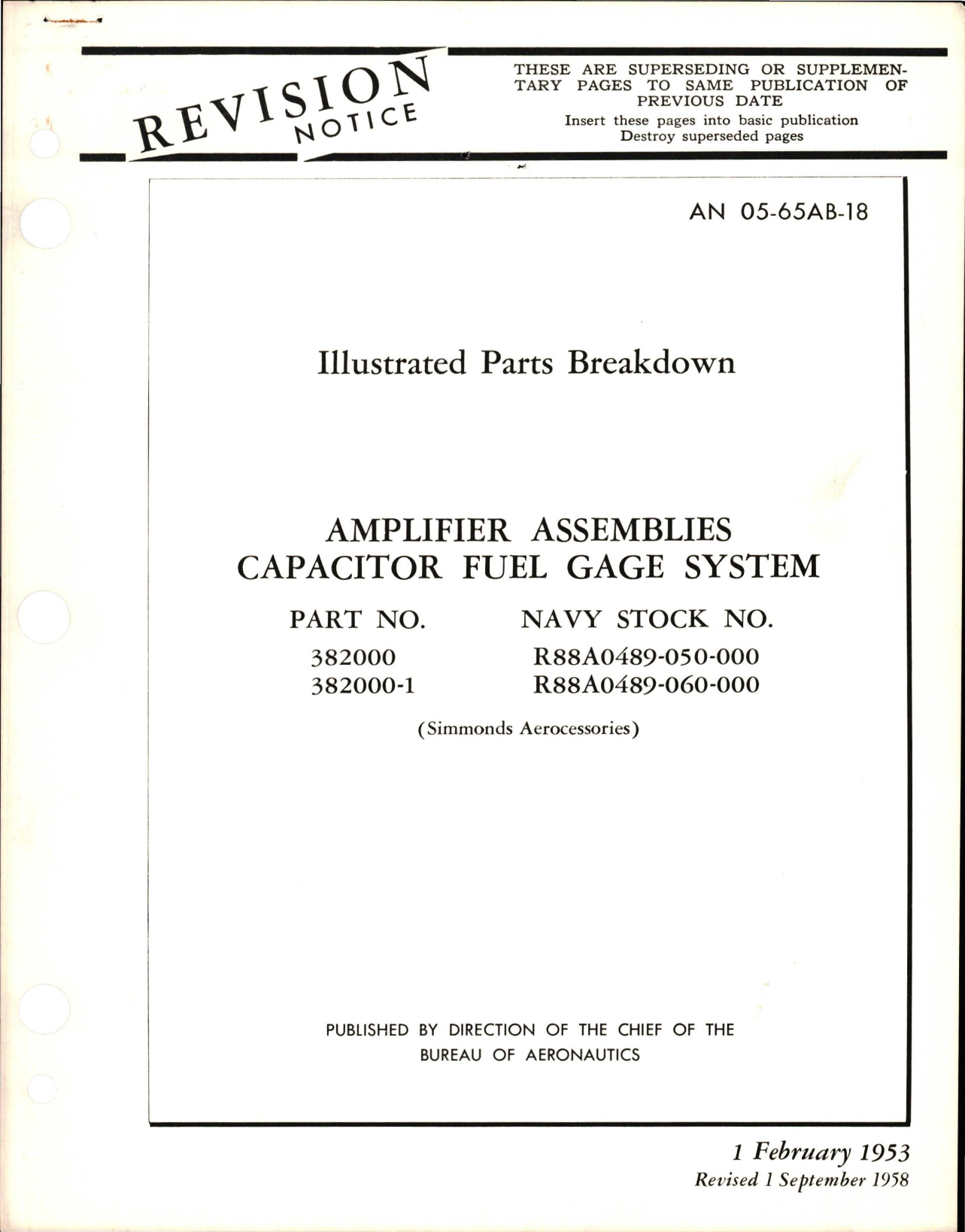 Sample page 1 from AirCorps Library document: Revision to Illustrated Parts Breakdown for Capacitor Fuel Gage System Amplifier Assemblies - Parts 382000 and 382000-1