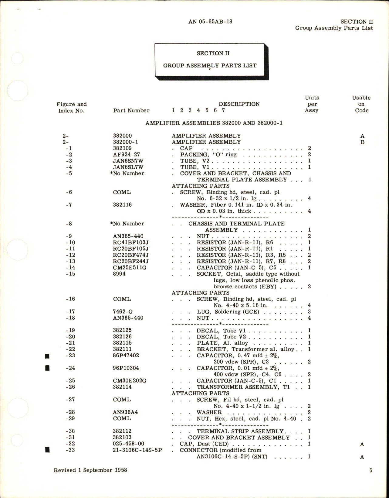 Sample page 5 from AirCorps Library document: Revision to Illustrated Parts Breakdown for Capacitor Fuel Gage System Amplifier Assemblies - Parts 382000 and 382000-1