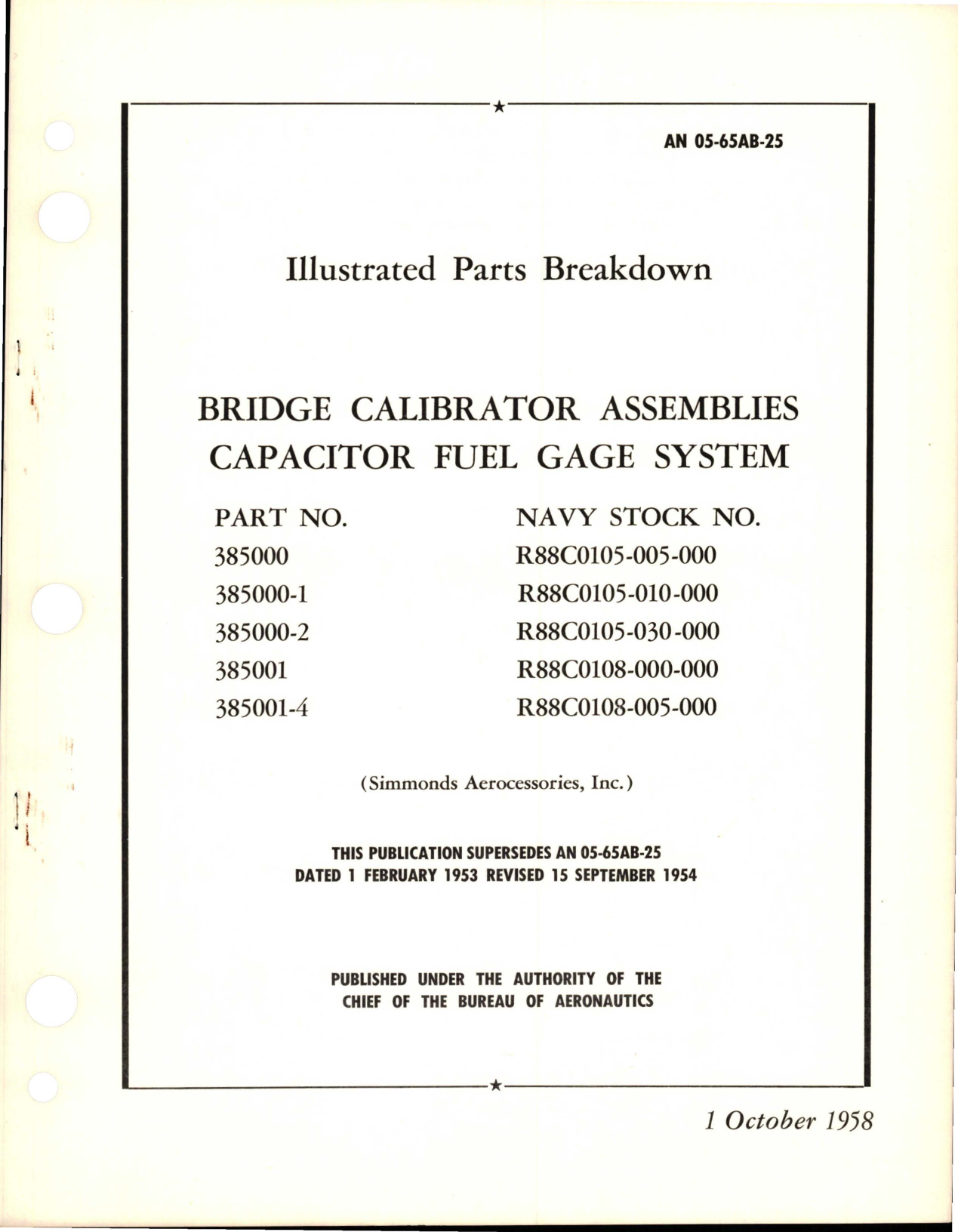 Sample page 1 from AirCorps Library document: Illustrated Parts Breakdown for Bridge Calibrator Assemblies in Capacitor Fuel Gage System 