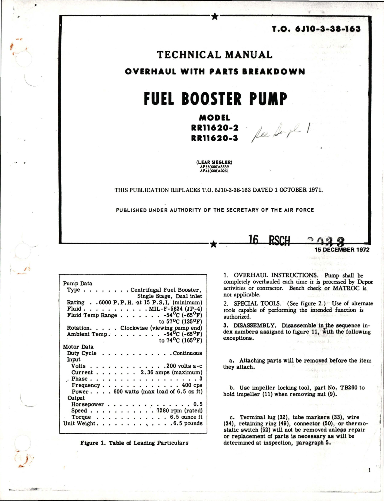 Sample page 1 from AirCorps Library document: Overhaul with Parts Breakdown for Fuel Booster Pump - Model RR11620-2 and RR11620-3