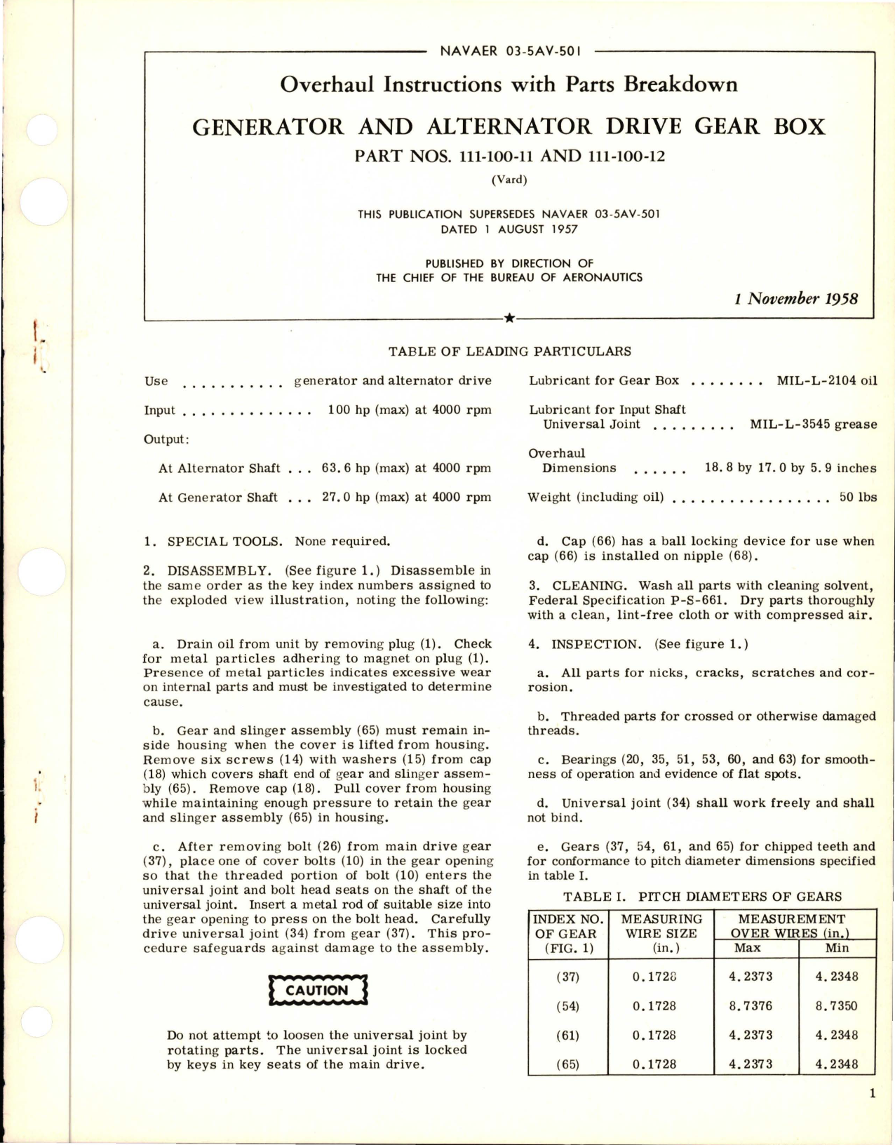 Sample page 1 from AirCorps Library document: Overhaul Instructions with Parts Breakdown for Generator and Alternator Drive Gear Box - Parts 111-100-11 and 111-100-112 