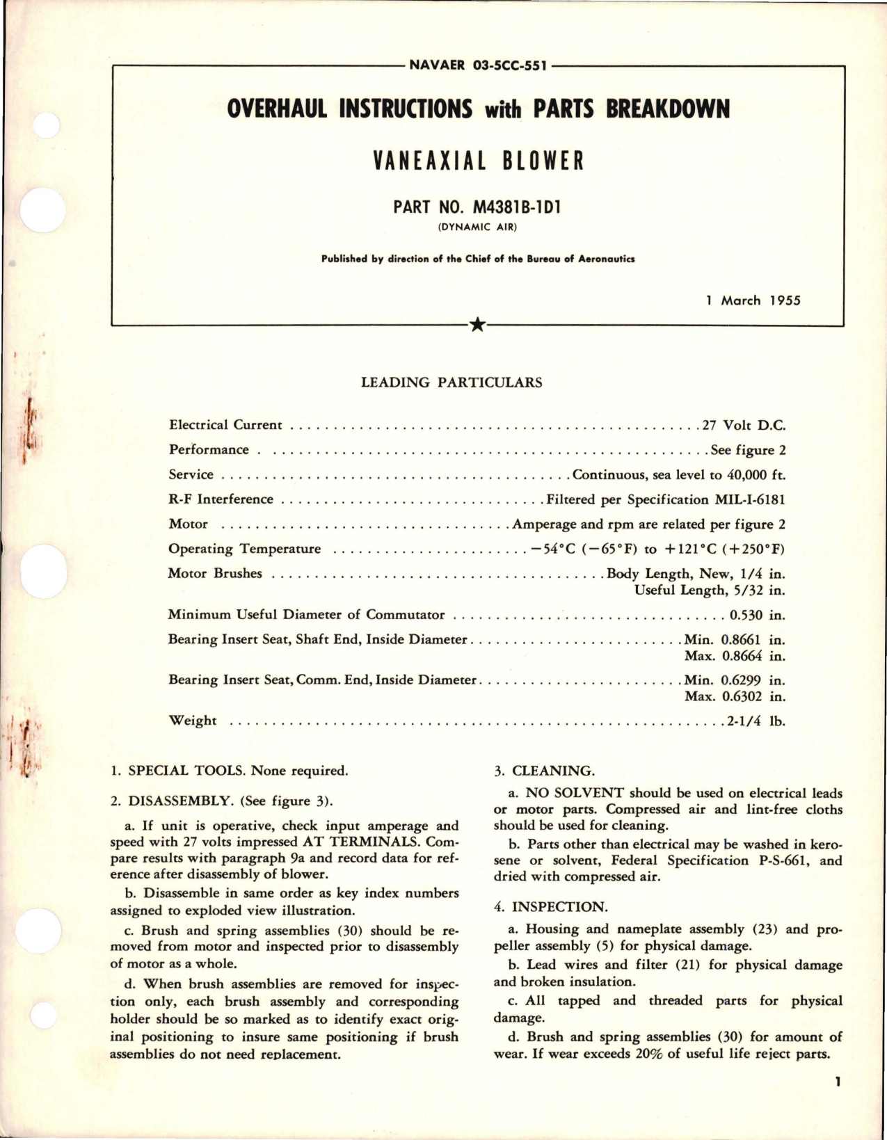 Sample page 1 from AirCorps Library document: Overhaul Instructions with Parts Breakdown for Vaneaxial Blower - Part M4381B-1D1