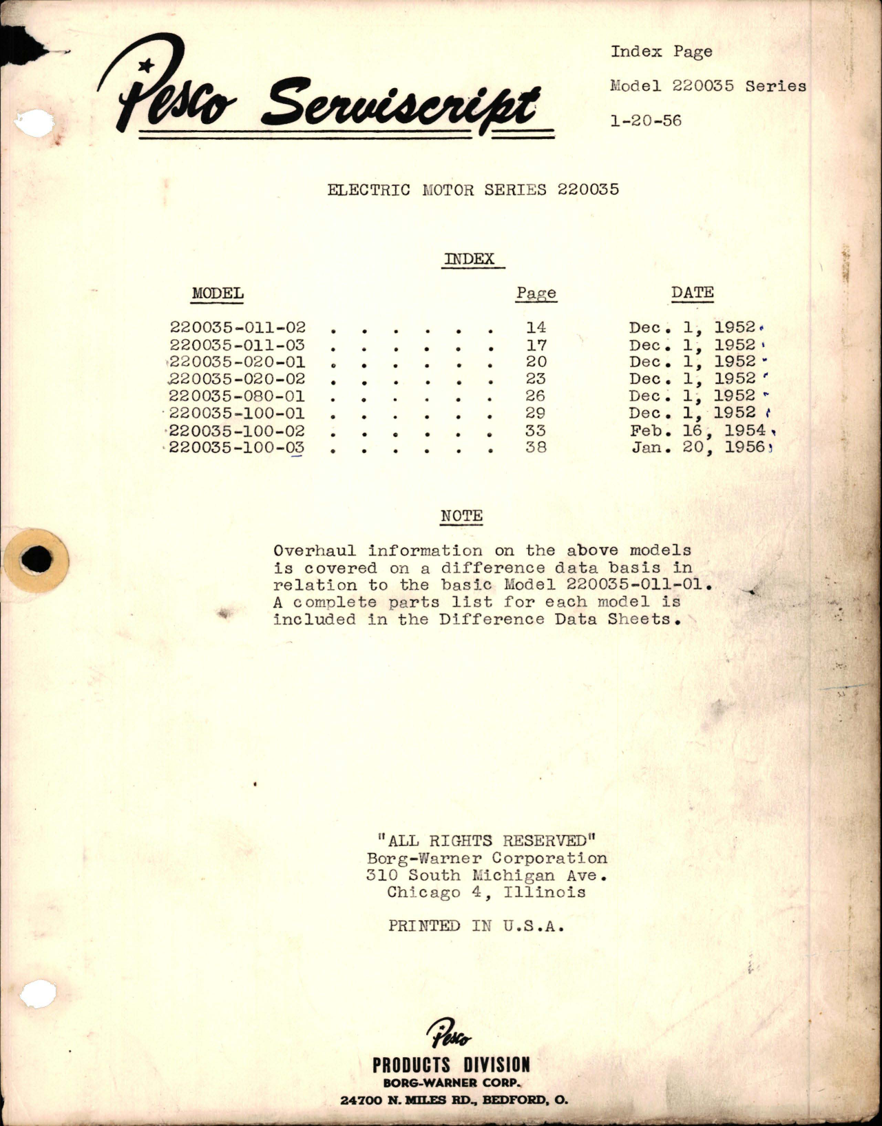 Sample page 1 from AirCorps Library document: Overhaul Instructions, Test Procedures and Parts List for Electric Motor - Model 220035-011-01