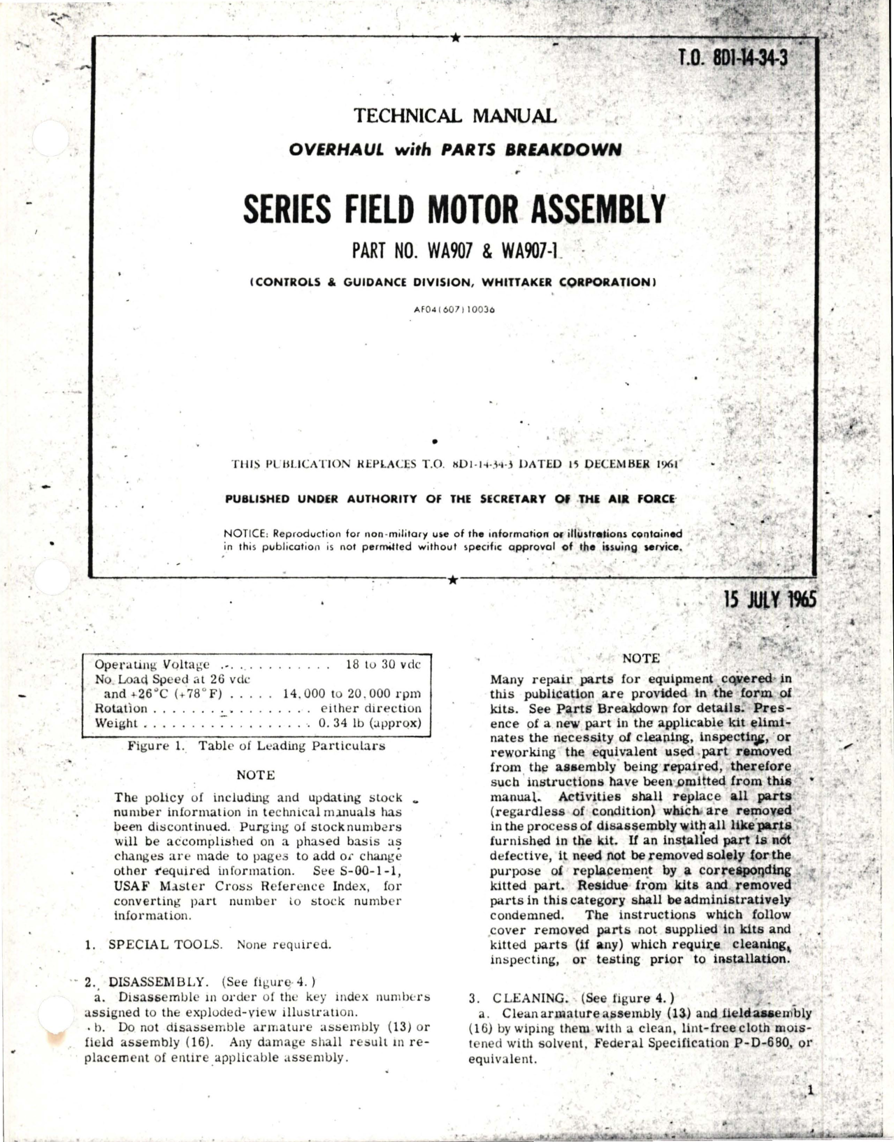 Sample page 1 from AirCorps Library document: Overhaul with Parts Breakdown for Series Field Motor Assembly - Part WA907 and WA907-1