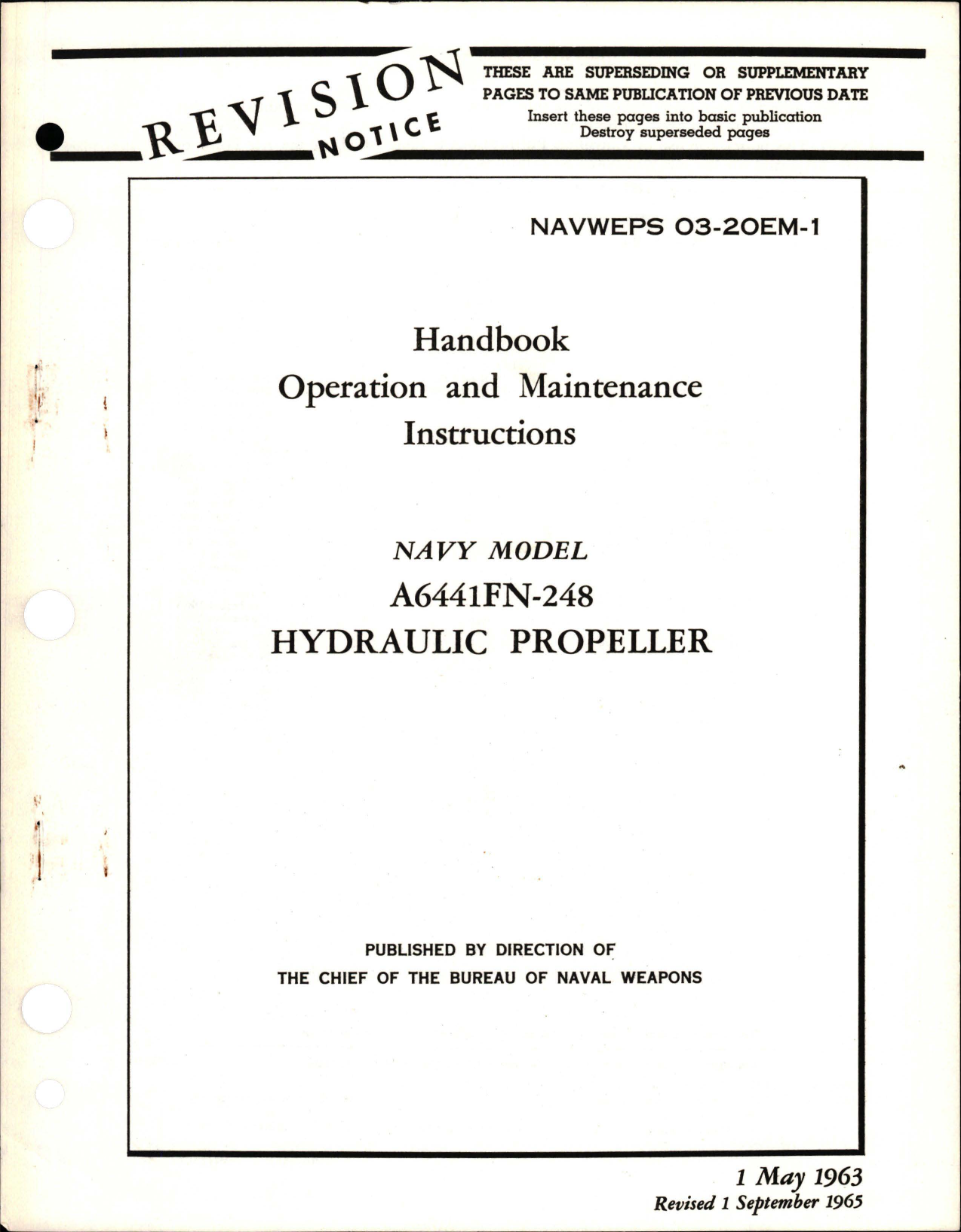 Sample page 1 from AirCorps Library document: Revision to Operation and Maintenance Instructions for Hydraulic Propeller - A6441FN-248 