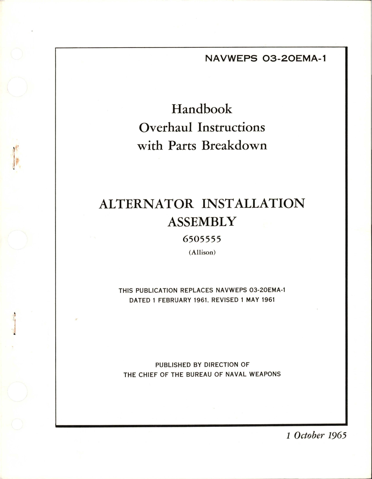 Sample page 1 from AirCorps Library document: Overhaul Instructions with Parts Breakdown for Alternator Installation Assembly - 650555 