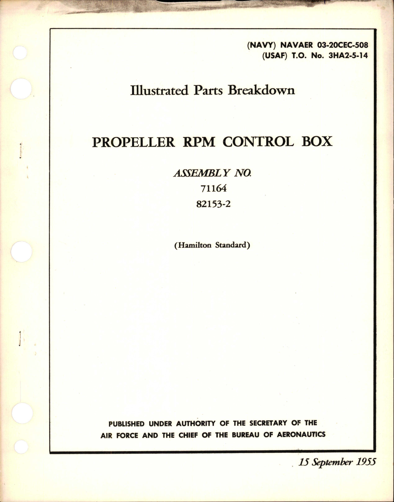 Sample page 1 from AirCorps Library document: Illustrated Parts Breakdown for Propeller RPM Control Box - Assembly No.  71164 and 82153-2 