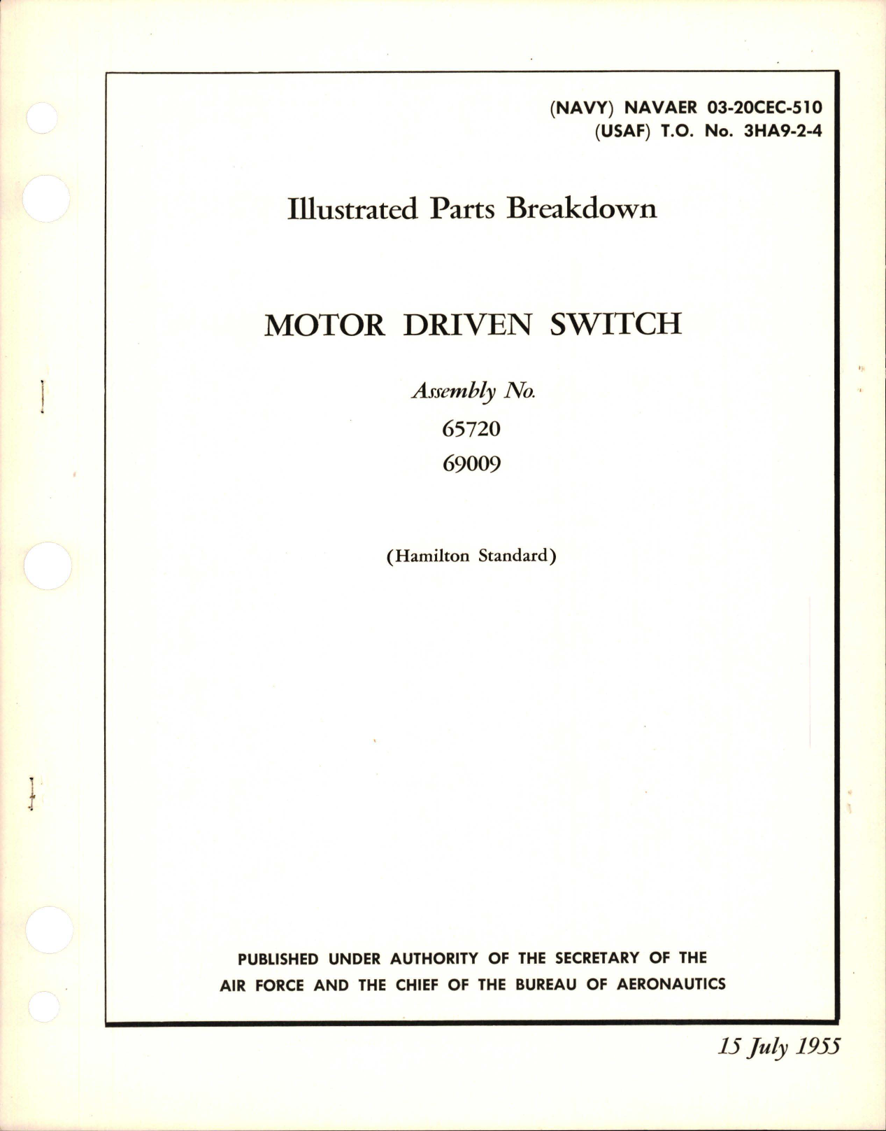 Sample page 1 from AirCorps Library document: Illustrated Parts Breakdown for Motor Driven Switch - Assembly 65720 and 69009 