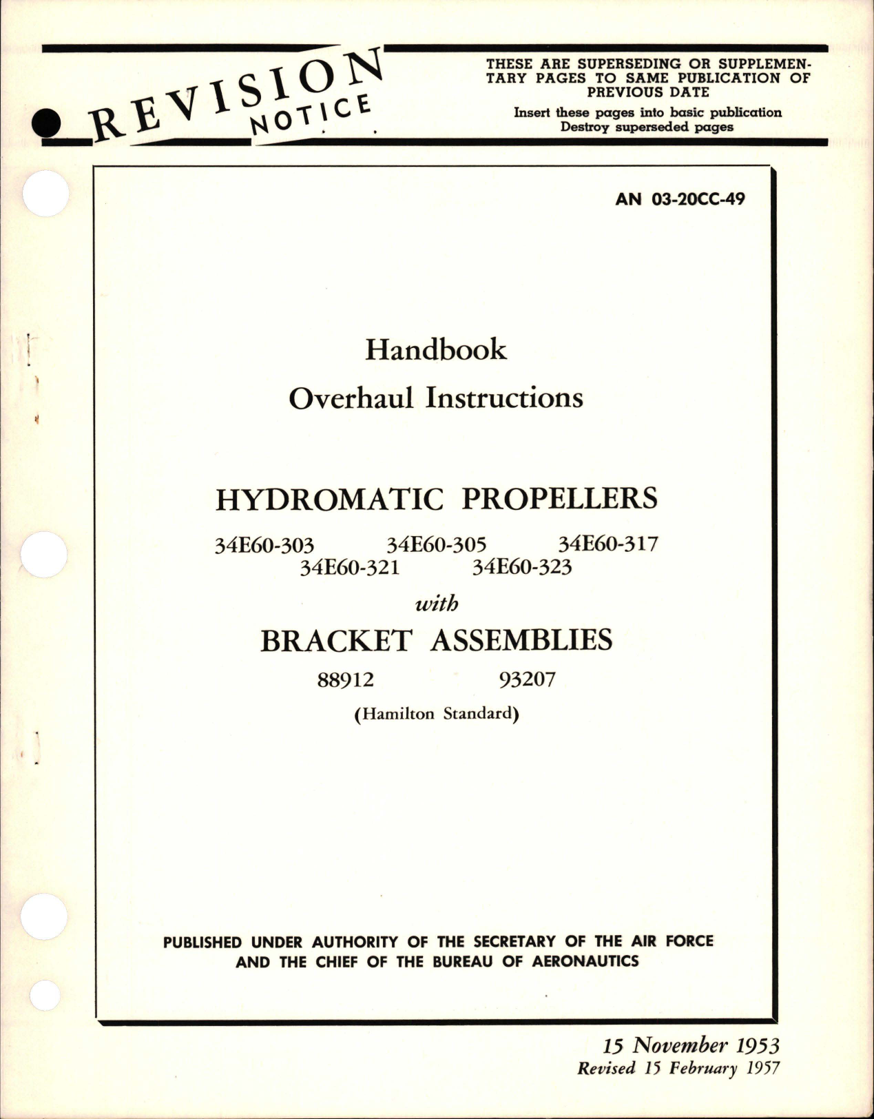 Sample page 1 from AirCorps Library document: Revision to Overhaul Instructions for Hydromatic Propellers and Bracket Assemblies