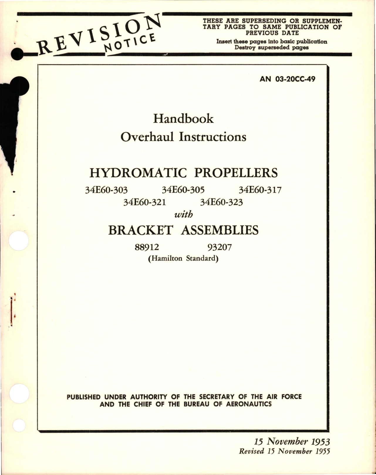 Sample page 1 from AirCorps Library document: Revision to Overhaul Instructions for Hydromatic Propellers with Bracket Assemblies