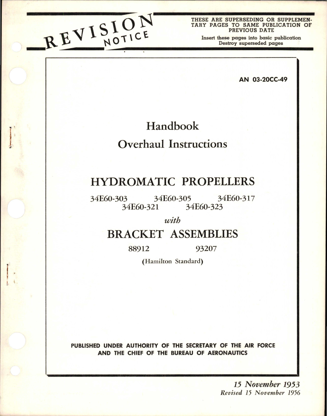 Sample page 1 from AirCorps Library document: Revision to Overhaul Instructions for Hydromatic Propellers with Bracket Assemblies