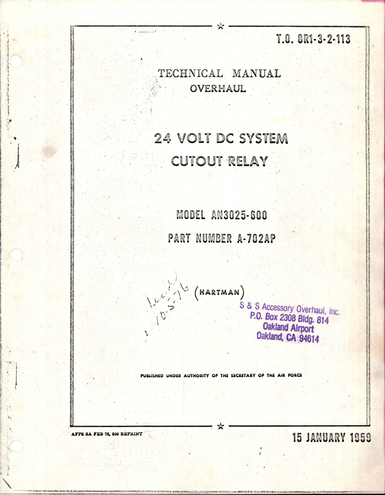 Sample page 1 from AirCorps Library document: Overhaul for Cutout Relay - 24 Volt DC System - Model AN3025-600 - Part A-702AP