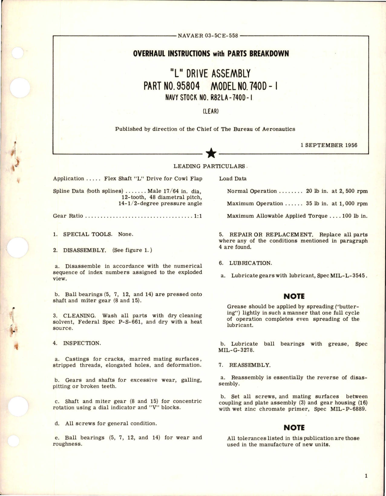 Sample page 1 from AirCorps Library document: Overhaul Instructions with Parts Breakdown for L Drive Assembly - Part 95804 - Model 740D-1 