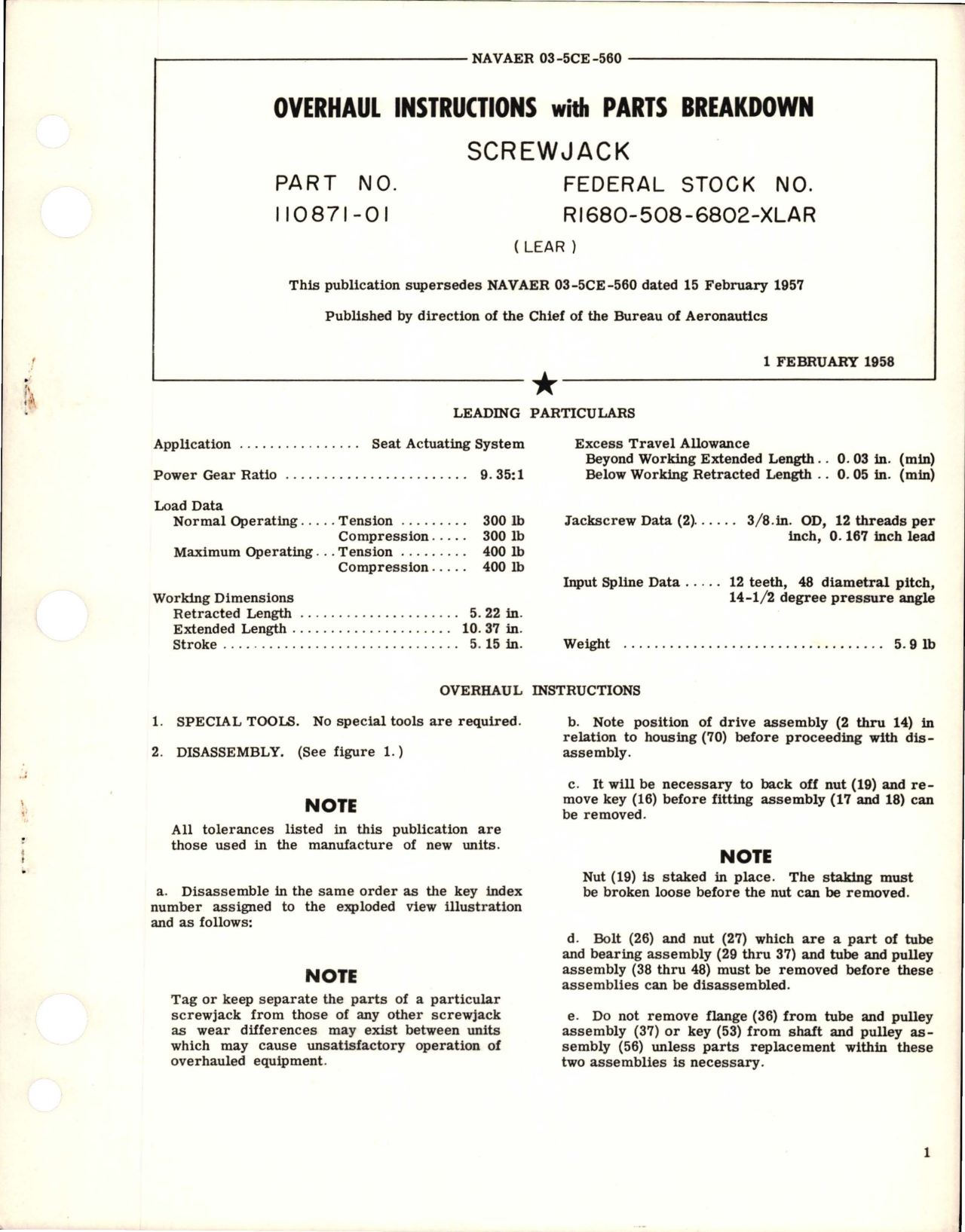 Sample page 1 from AirCorps Library document: Overhaul Instructions with Parts Breakdown for Screwjack - Part 110871-01 