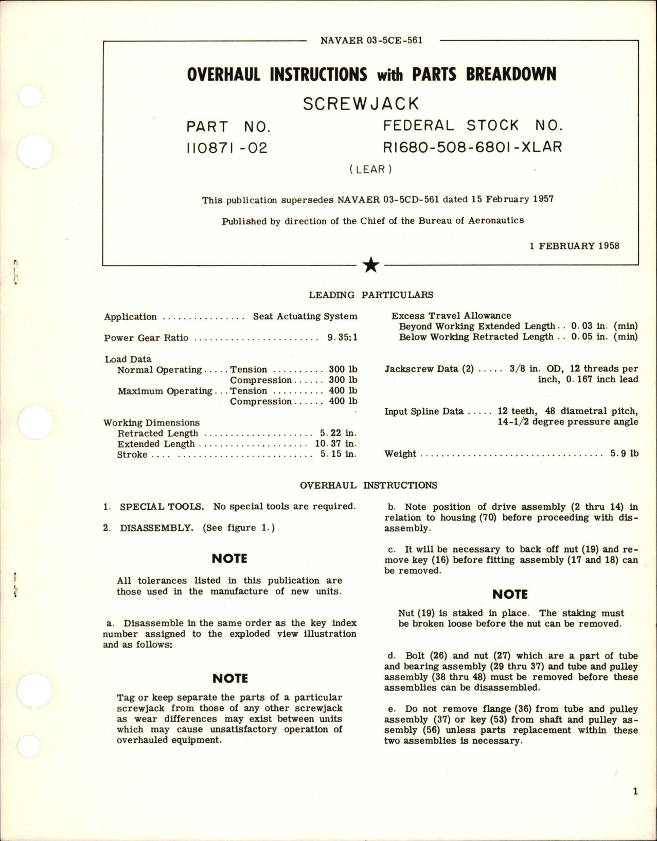 Sample page 1 from AirCorps Library document: Overhaul Instructions with Parts Breakdown for Screwjack - Part 110871-02 