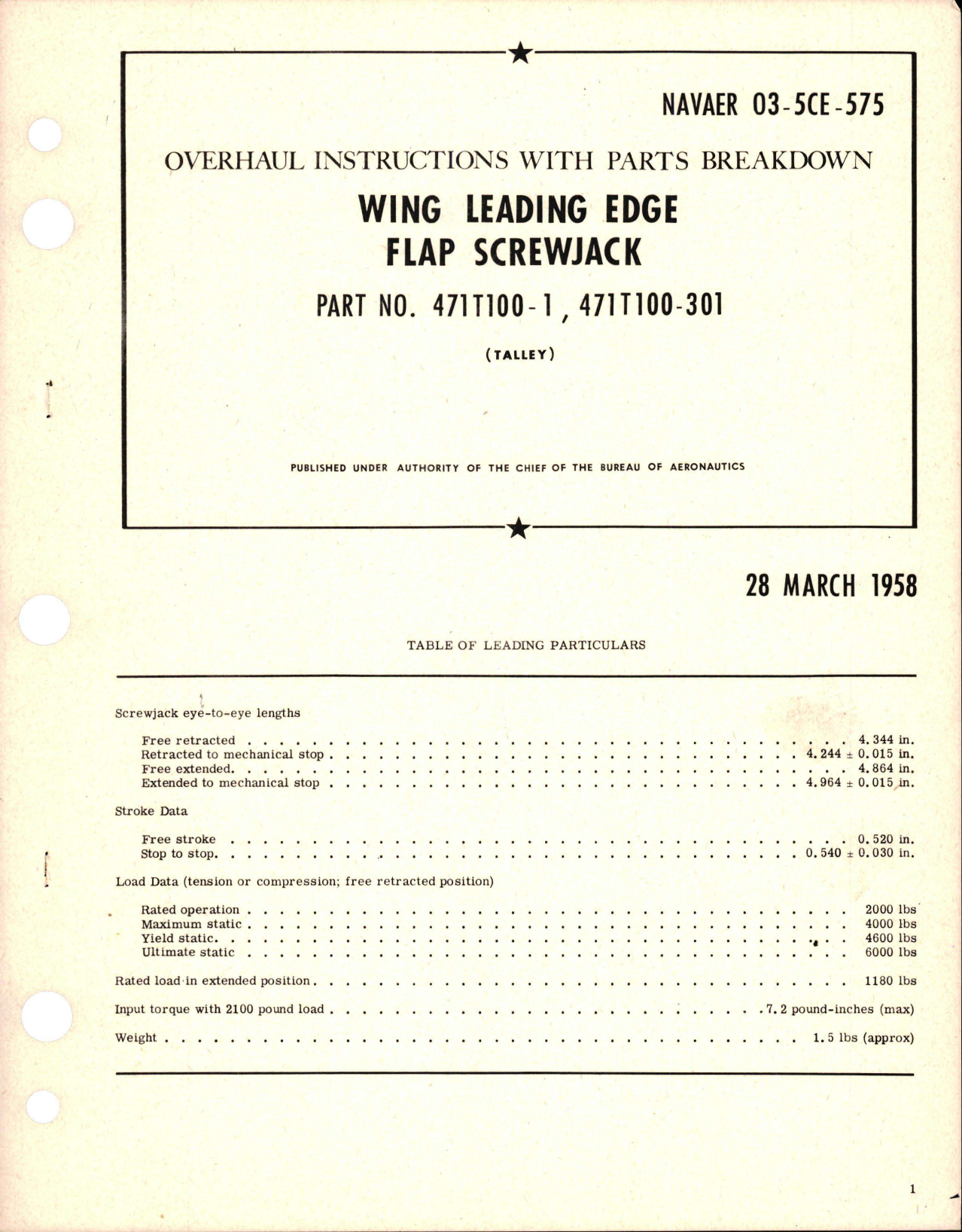 Sample page 1 from AirCorps Library document: Overhaul Instructions with Parts Brreakdown for Wing Leading Edge Flap Screwjack - Parts 471T100 and 471T100-301