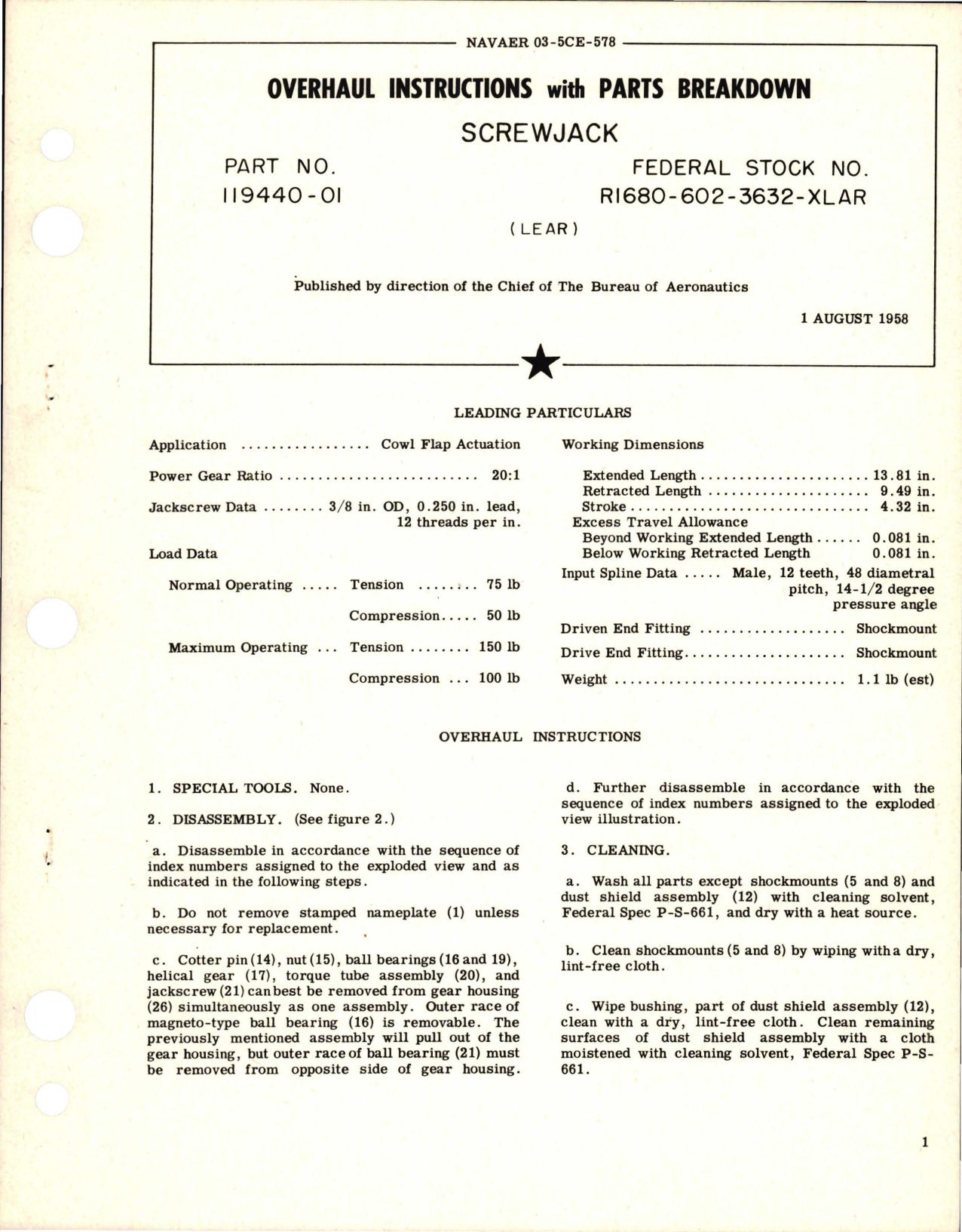 Sample page 1 from AirCorps Library document: Overhaul Instructions with Parts Breakdown for Screwjack - Part 119440-01 