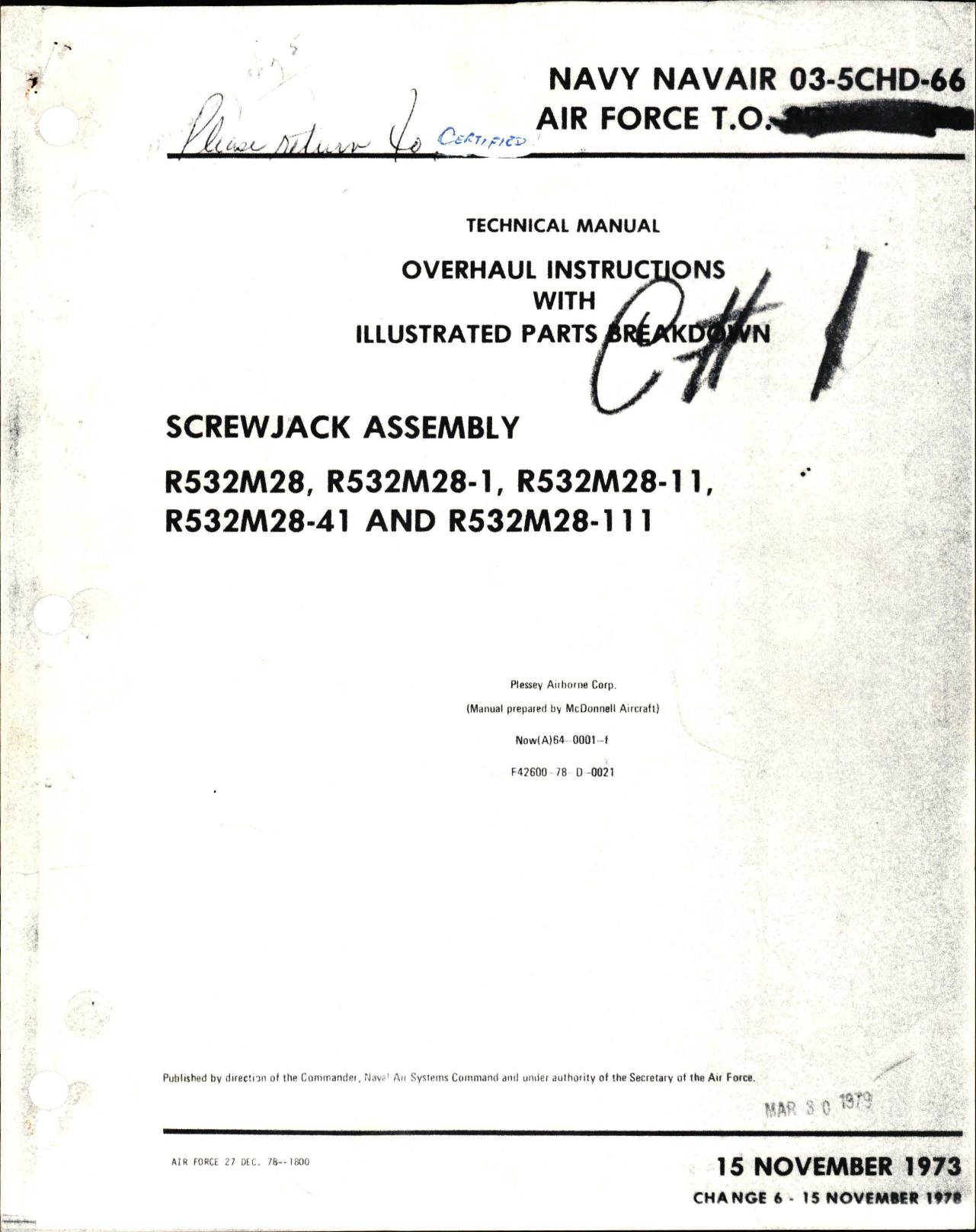 Sample page 1 from AirCorps Library document: Overhaul Instructions with Illustrated Parts Breakdown for Screwjack Assembly 