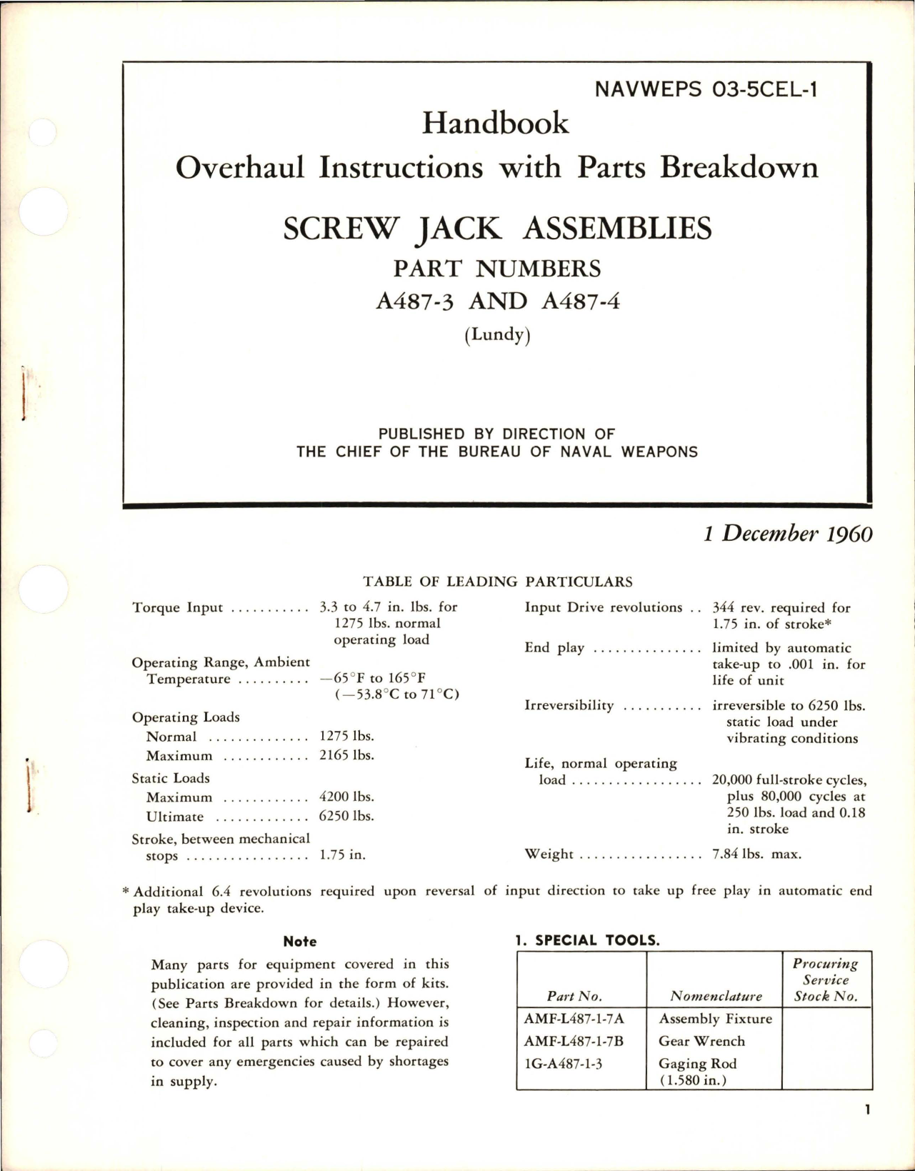 Sample page 1 from AirCorps Library document: Overhaul Instructions with Parts Breakdown for Screw Jack Assemblies - Parts A487-3 and A487-4 