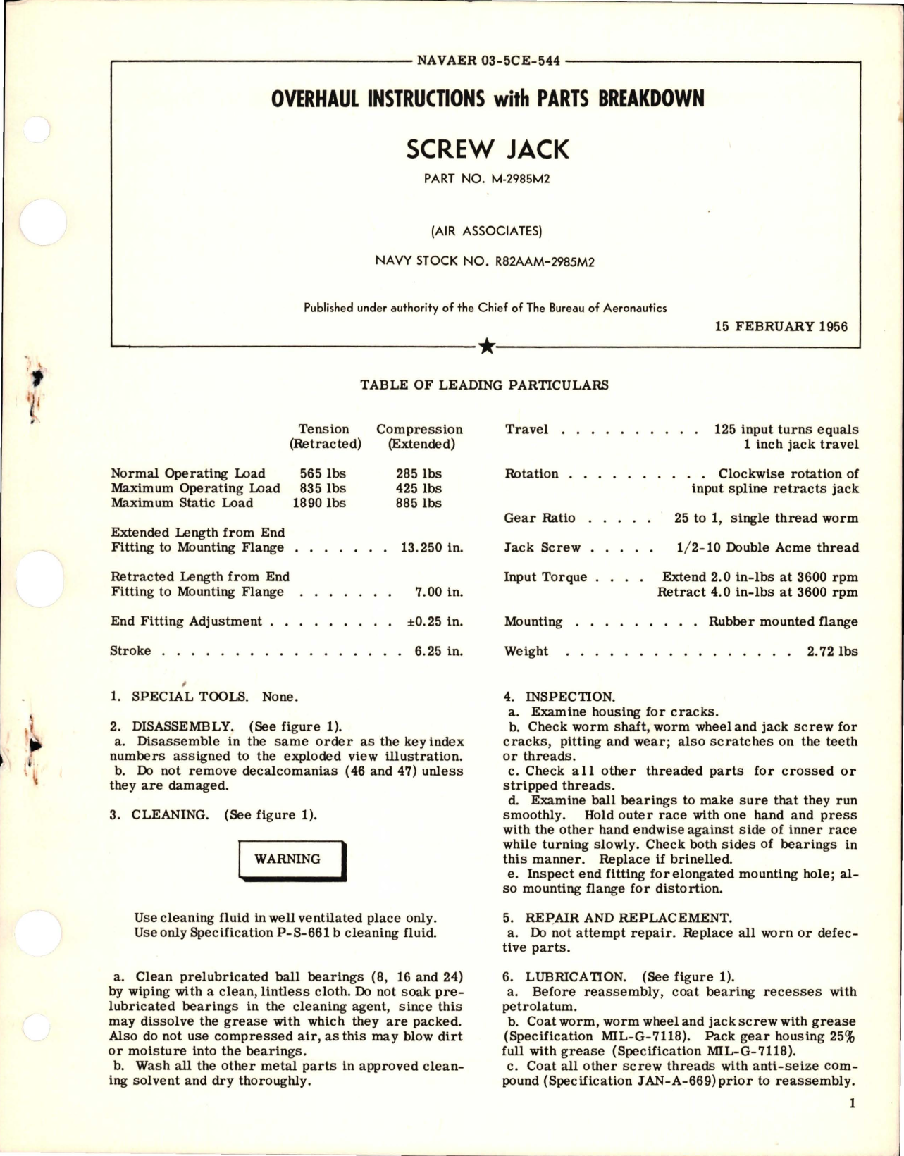 Sample page 1 from AirCorps Library document: Overhaul Instructions with Parts Breakdown for Screw Jack - Part M-2985M2