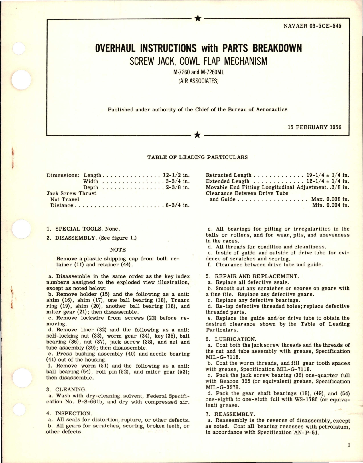 Sample page 1 from AirCorps Library document: Overhaul Instructions with Parts Breakdown for Screw Jack and Cowl Flap Mechanism - M-7260 and M-7260M1